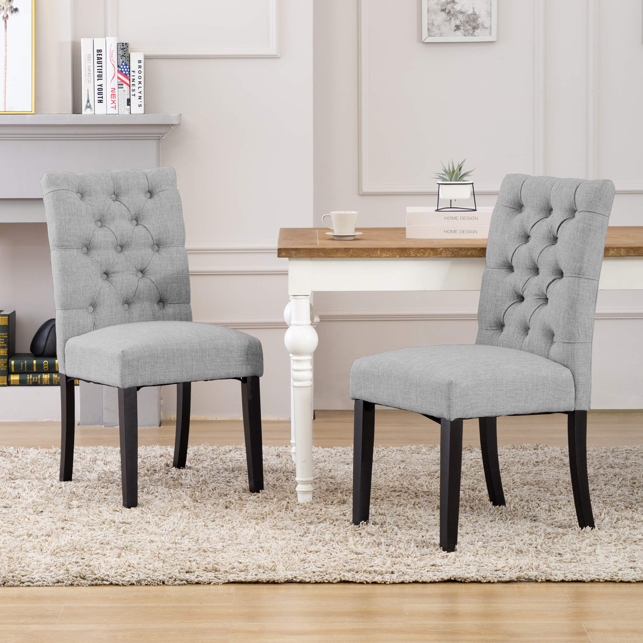 WestinTrends Hayes Tufted Dining Room Chairs Set of 2 - Linen Upholstered Kitchen Chairs with Solid Wood Legs in Gray - Perfect for Dining Room, Kitchen, Breakfast Nook & Home Decor