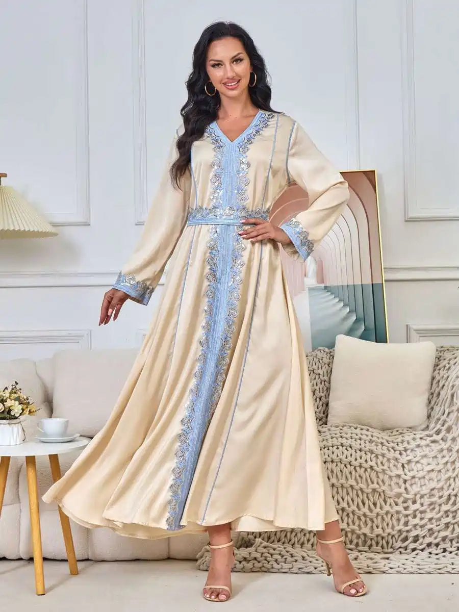 Elegant Eid Dress with Embroidery and Sequins - Flowy Caftan Kaftan for Women - Perfect for Party, Wedding, and Special Occasions #25163