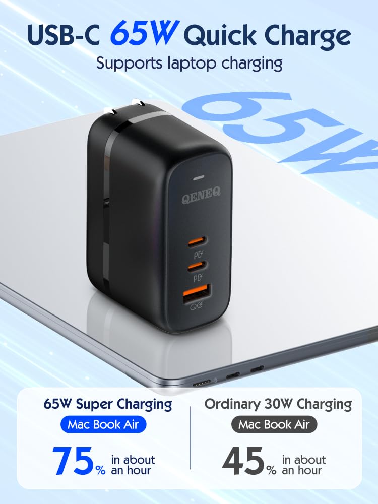 QENEQ GaN 65W USB C Fast Charger with 3 Ports, Foldable Wall Charger & Universal Travel Adapter (EU/UK Plug) - Compatible with MacBook, iPad Pro/Air, iPhone 15/16, Samsung S24, Laptop, Steam Deck - Perfect for Travel, Office & Home Use