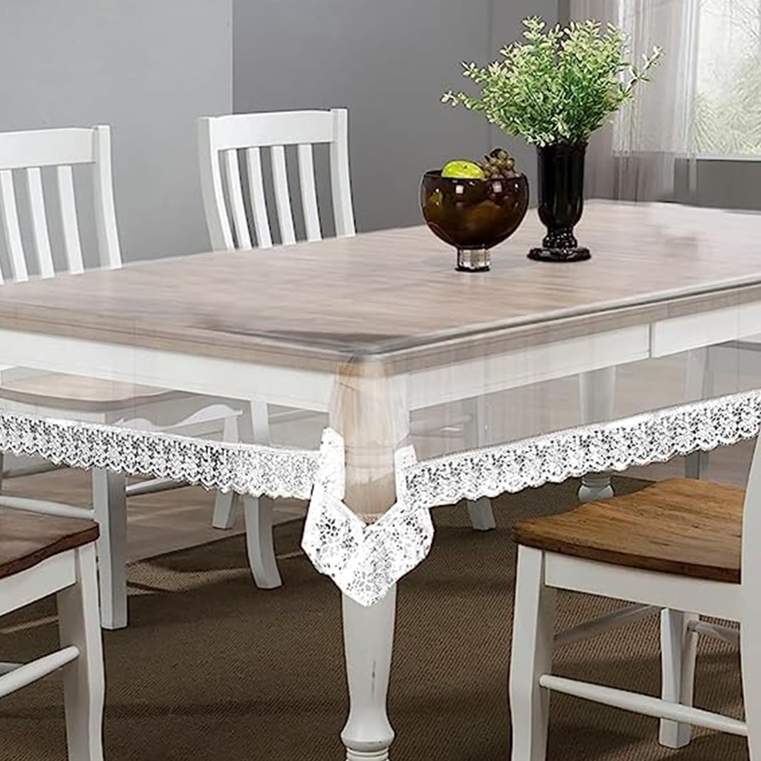 Kuber Industries 70x45 Inch Waterproof White Lace Transparent Dining Table Cover - Fits 4 Seater Tables, Elegant Tablecloth for Restaurants, Weddings & Home Decor