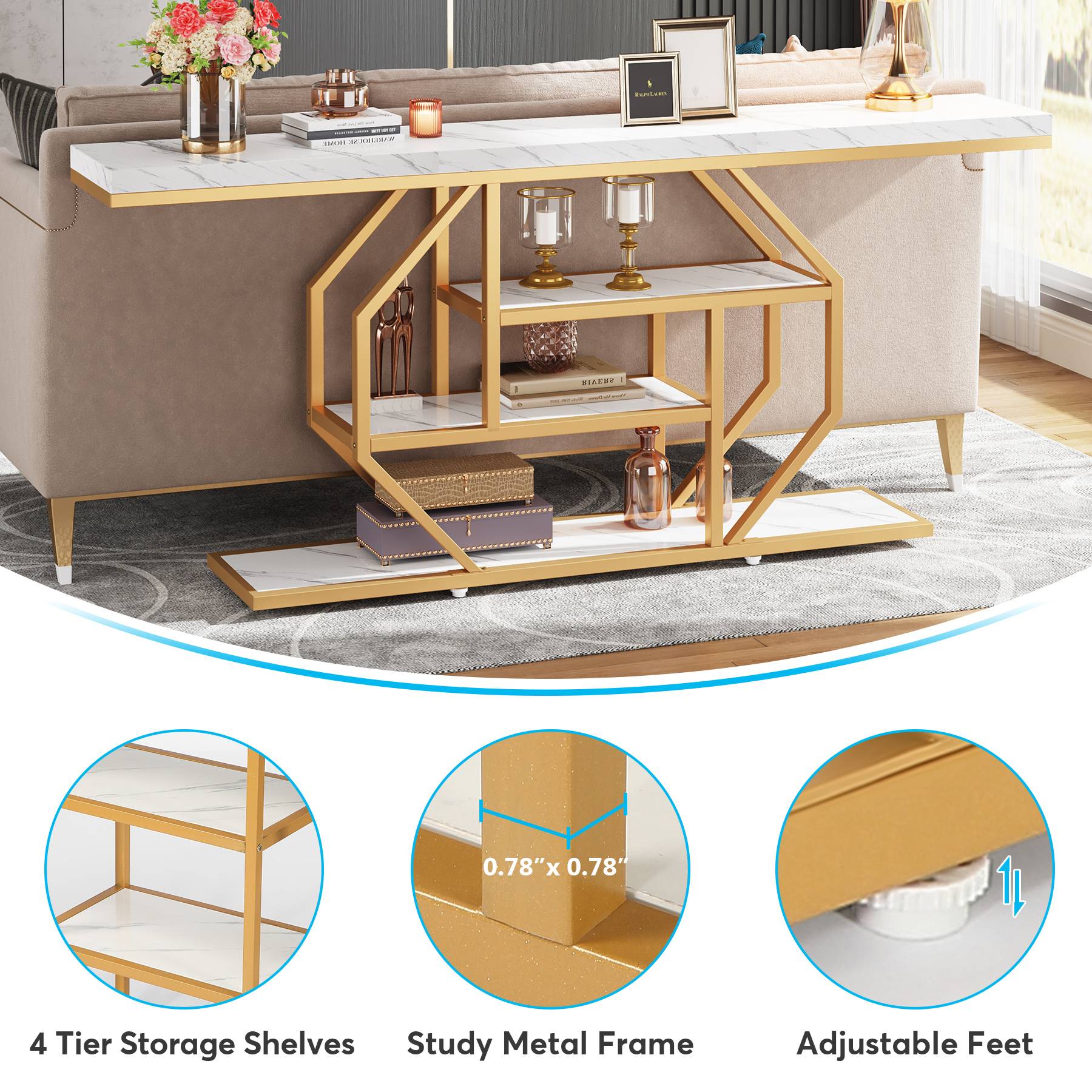 4 Tier Console Table, 70.9 Inch Entryway Sofa Table with Storage Shelves - Perfect for Living Room, Hallway & Small Space Organization