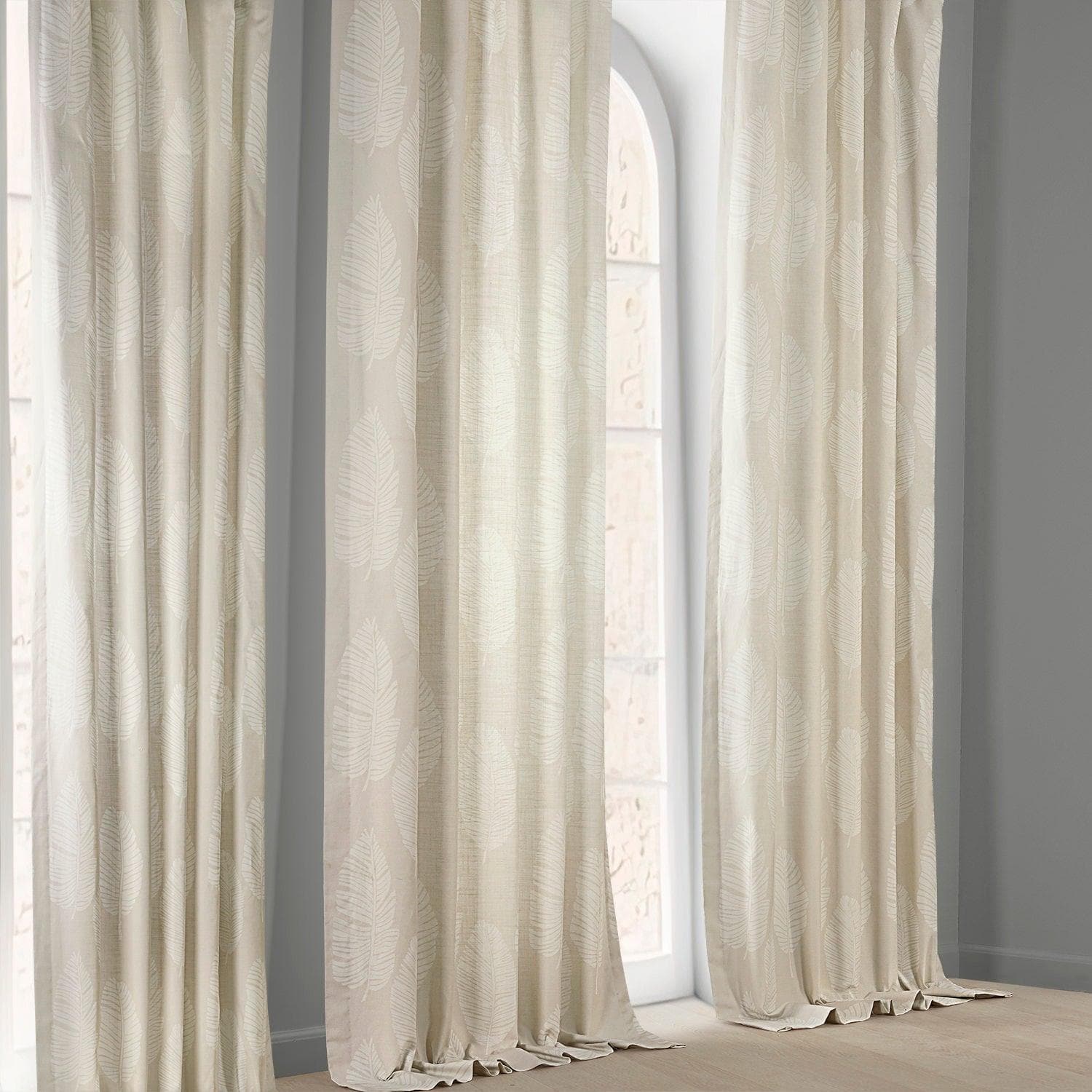 White Floral Printed Cotton Curtains - Textured Leaflet Design for Living Room & Bedroom Window Decor