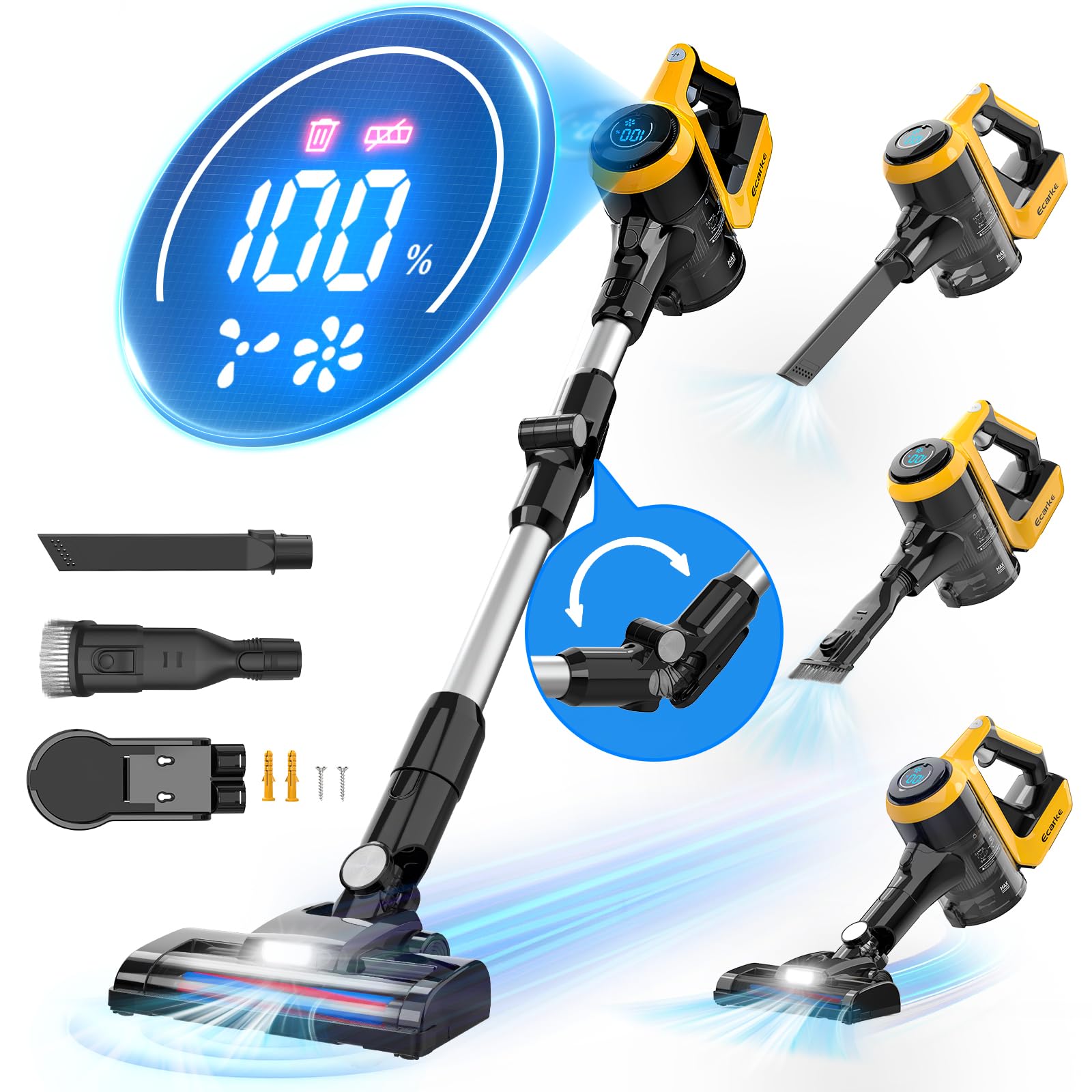 **DeWalt 20V Cordless Vacuum Cleaner - 30KPa Suction, 180° Bendable Wand, 6-in-1 Lightweight Stick Vacuum with Smart Screen & 350W Brushless Motor - Ideal for Hardwood Floors, Pet Hair, Carpet, and Car Cleaning (Battery Not Included)**