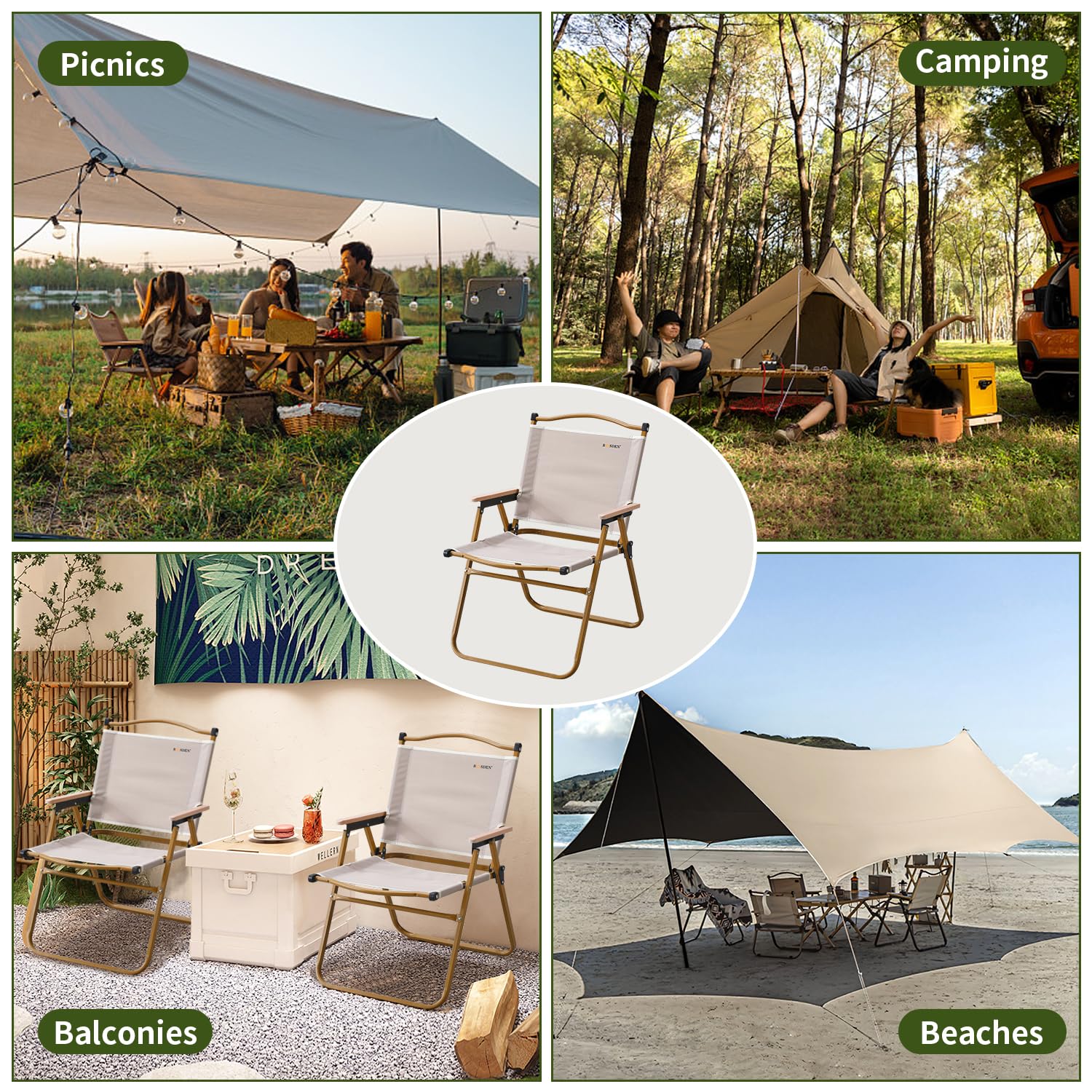 BOOSDEN Portable Folding Camping Chair - Ultralight Outdoor Beach Chair with Wooden Handle for Picnic, Travel, Hiking & Fishing - Supports 330Lbs (2 Pack) | Perfect for Backyard BBQs, Beach Trips, Camping Adventures and Outdoor Concerts