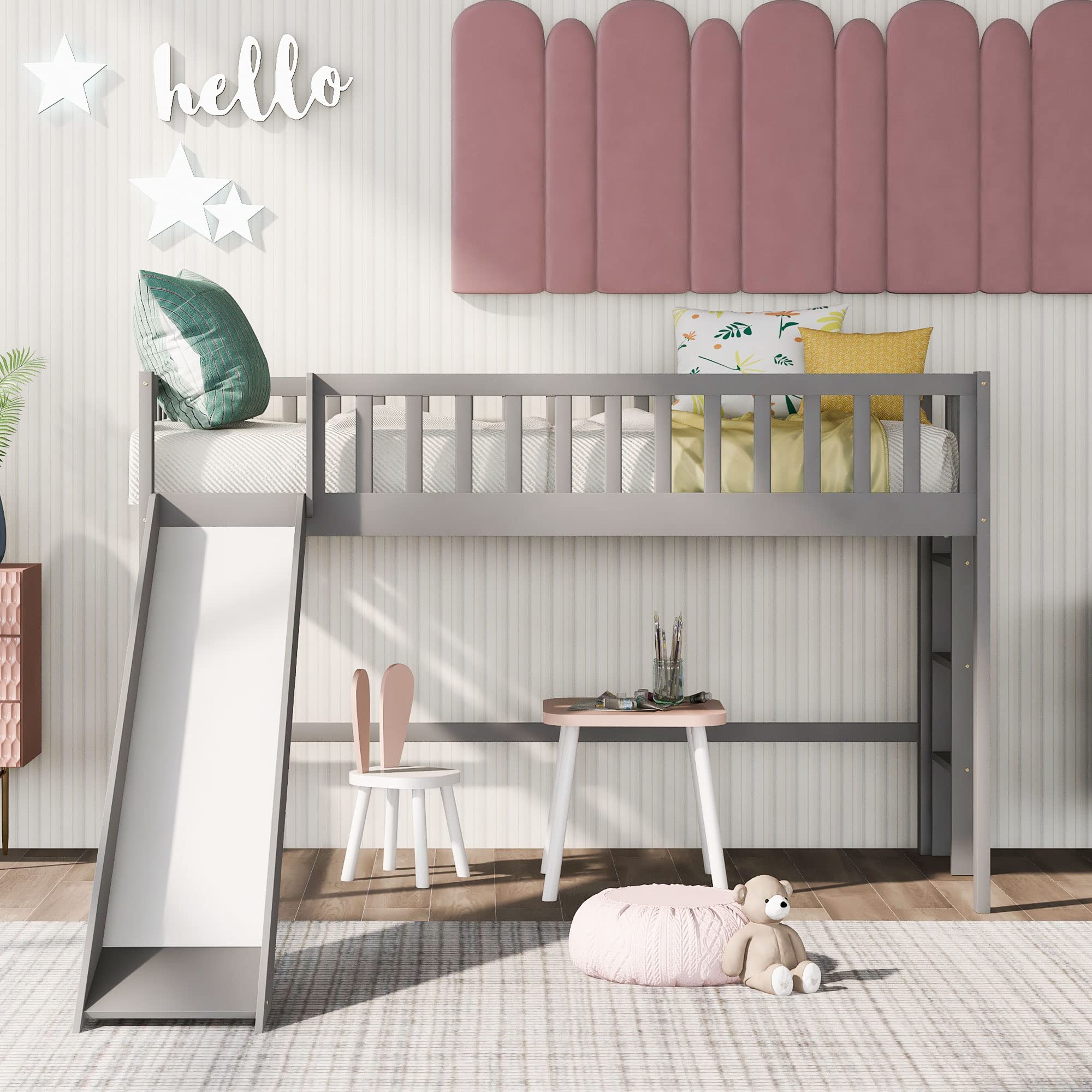 Merax Twin Loft Bed with Slide & Ladder - Solid Wood Frame for Kids' Room