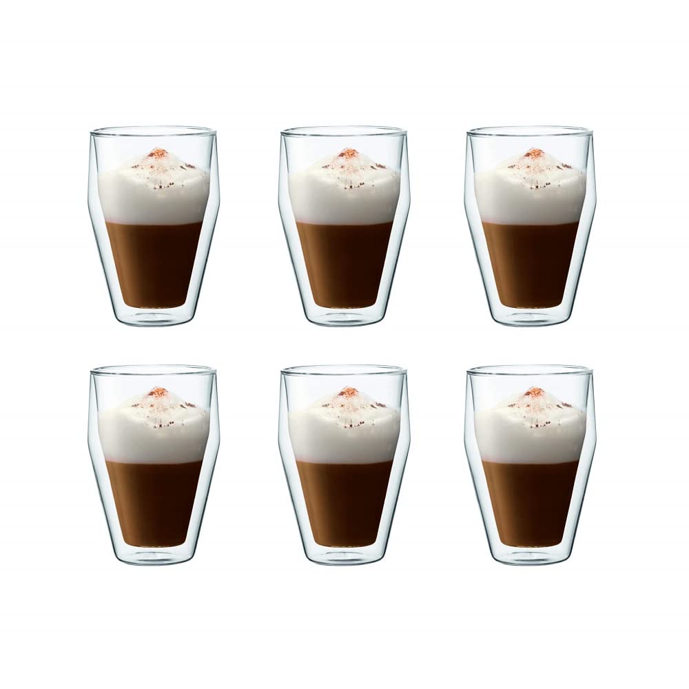 Bodum Titlis Set of 6 Double-Walled Insulated Stackable Drinking Glasses, 12oz Clear Glass Cups for Hot & Cold Beverages - Perfect for Coffee, Tea, Cocktails, and Home Bar Use