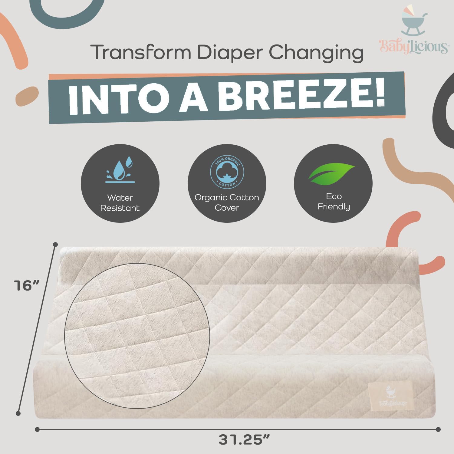 Organic Cotton Baby Changing Pad - Soft, Breathable & Waterproof Diaper Changing Mat with Non-Slip Backing | Removable Washable Cover | Standard Size for Nursery Dresser - Perfect for Home, Daycare & Travel Use