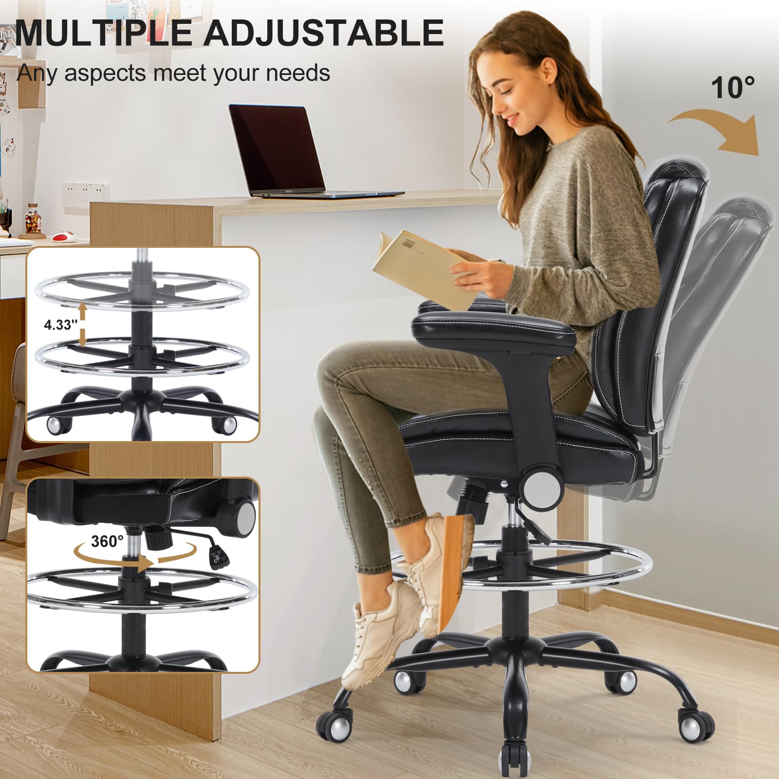 Ergonomic Drafting Chair with Adjustable Arms & Foot Ring - PU Leather High Office Chair for Counter Height Desks, Swivel Computer Stool (Black) - Perfect for Architects, Designers & Home Office Workspaces