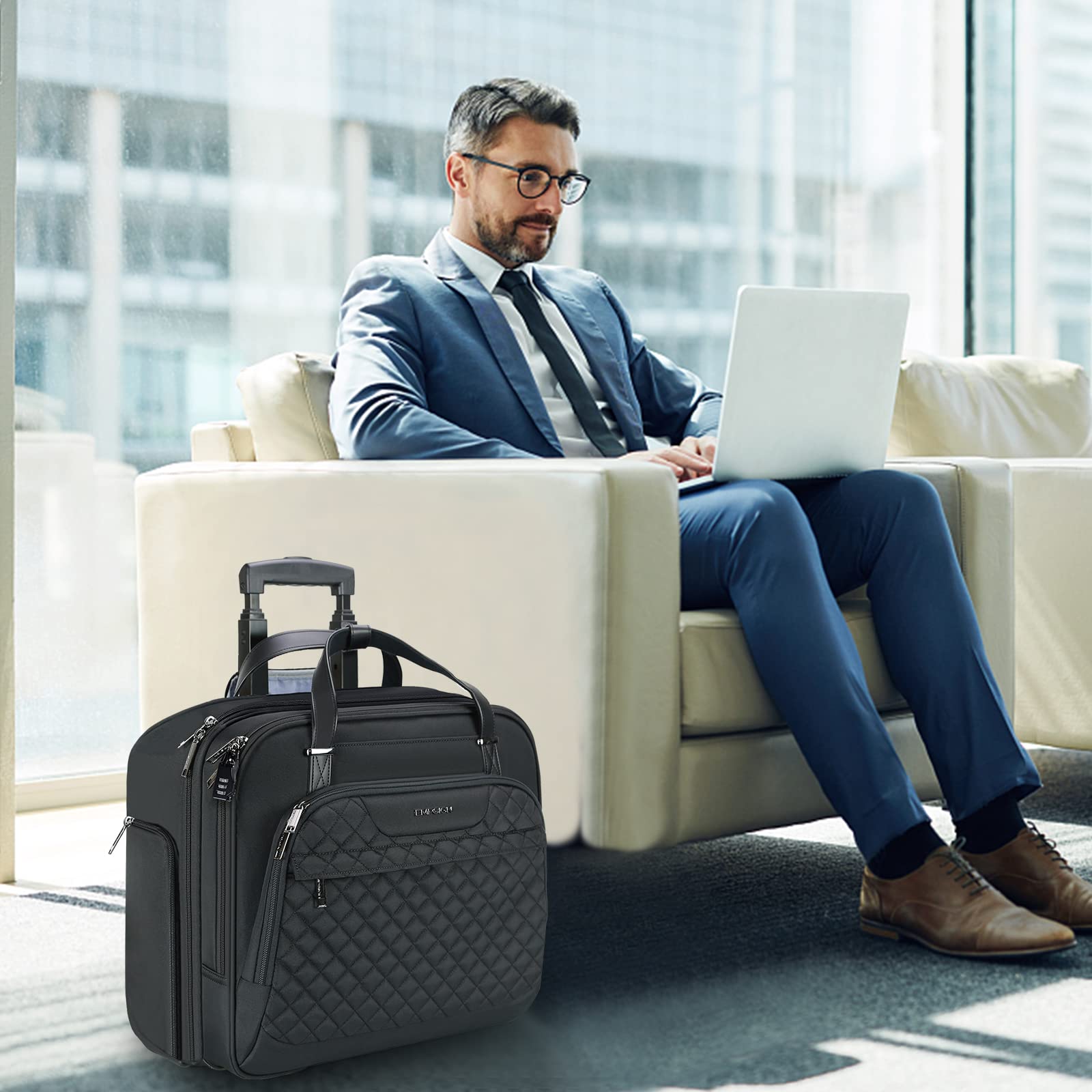 EMPSIGN Rolling Laptop Bag for Women - 15.6 Inch Water-Resistant Wheeled Briefcase with RFID Pockets - Perfect for Business Travel, Commuting & Overnight Trips - Black