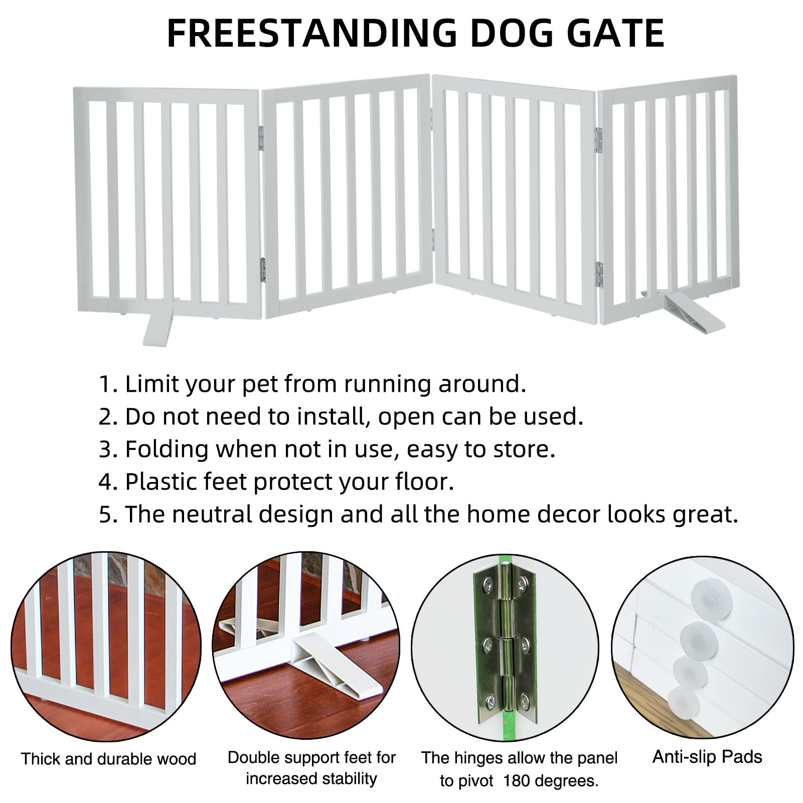 SFJC Freestanding Indoor Dog Gate - Foldable Wooden White Pet Fence for House, Doorways, Hallways & Stairs - Expandable 4-Panel Design (24