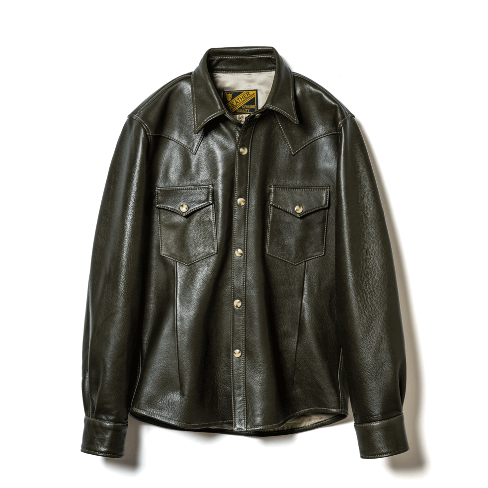 Y'2 Genuine Leather Western Shirt - Steer Oil Finish Olive Green - Perfect for Rodeo, Country Music Festivals & Cowboy Style Outfits