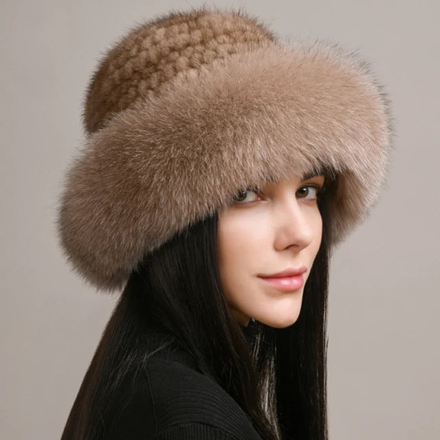 Luxury Handmade Knitted Mink Fur Hat with Real Fox Fur - Women's Winter Fashion Accessory for Cold Weather, Outdoor Activities & Holiday Gifts