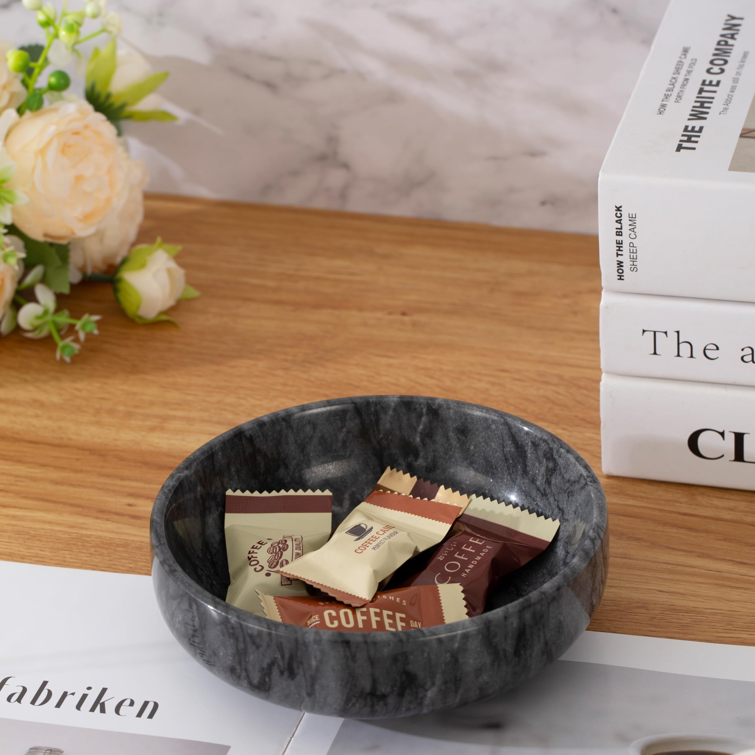 Elegant White & Grey Marble Candy Dish - 5.9 Inch Candy Bowl for Office Desk, Hard Candy Dispenser, Nut Bowl & Home Decor - Perfect for Entryway Tables, Living Rooms & Office Spaces
