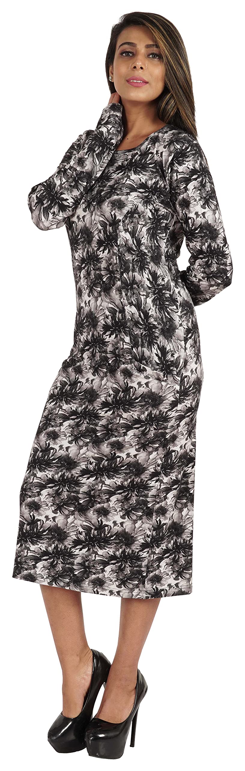 Bimba Women's Printed Long Bodycon Dress with Pockets - Full Sleeve Midi Dress for Casual Wear, Party & Office Outfits