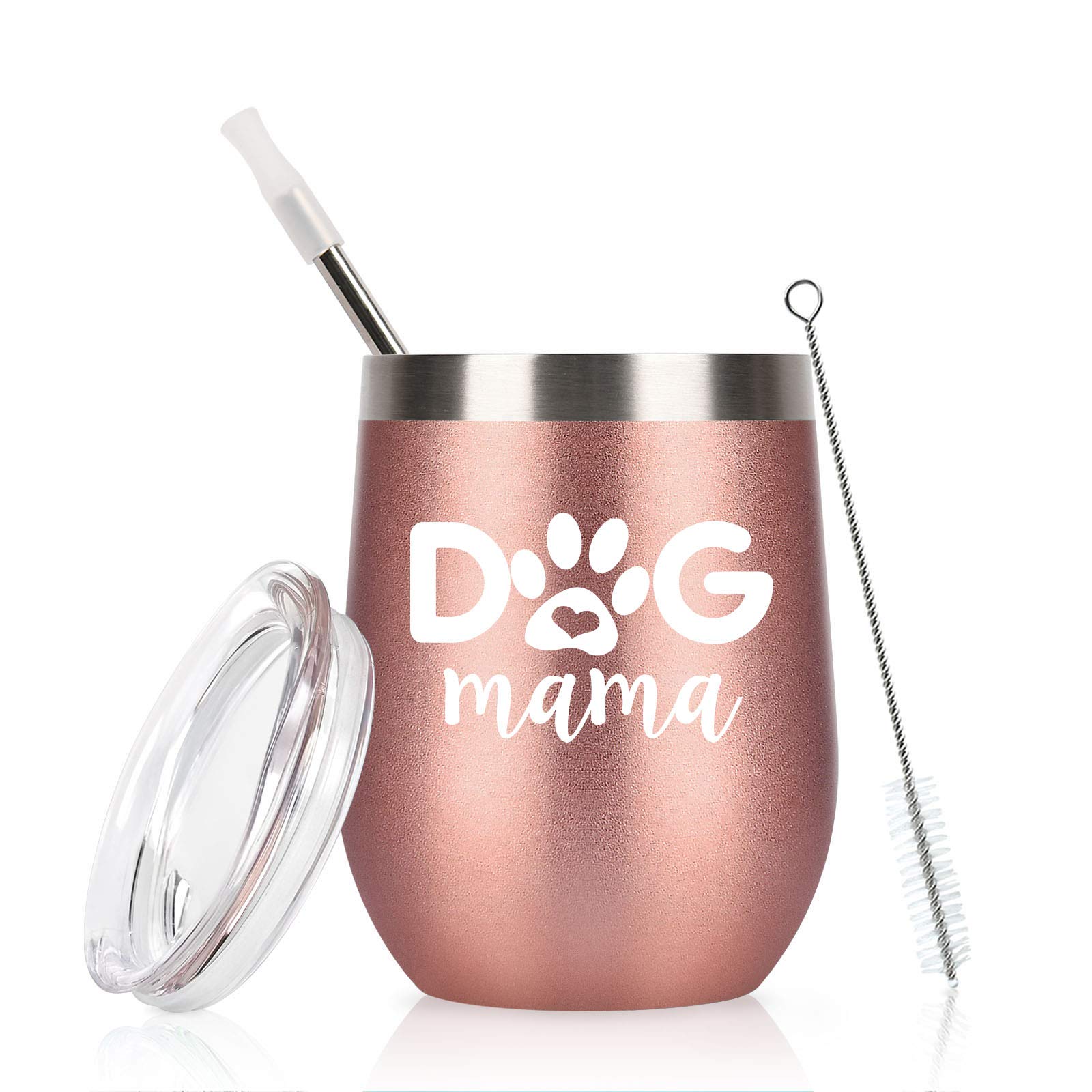 Dog Mom Wine Tumbler with Lid - 12oz Insulated Stainless Steel Rose Gold Cup, Funny Dog Lover Gifts for Women, Dog Owner, Friends, Perfect for Christmas, Birthday, Mother's Day, Office, Home, Travel