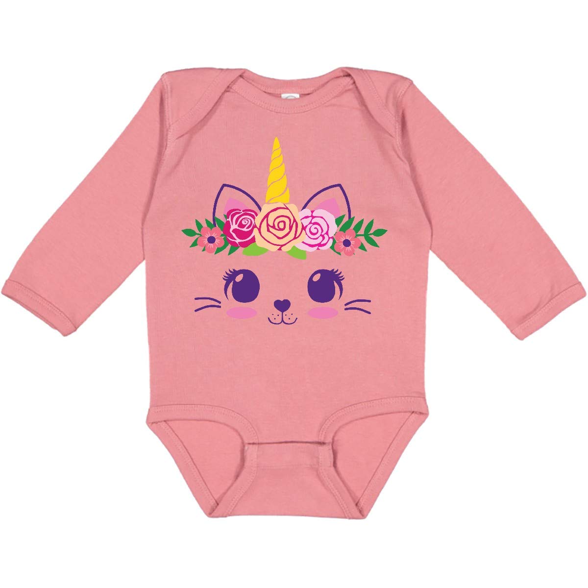 Inktastic Cute Unicorn Cat Face with Flowers Long Sleeve Baby Bodysuit - Adorable Outfit for Newborns, Infants & Toddlers - Perfect for Photo Shoots, Birthdays & Special Occasions