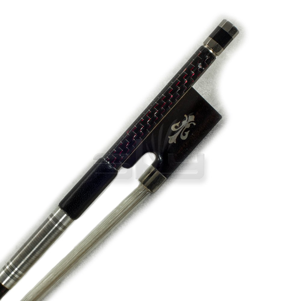 Premium Carbon Fiber Violin Bow with Red Silver Inlaid Pattern - Round Silver Wrap & Cupronickel Parts - Fleur De Lys Design - Fully-Lined Abalone - Perfect for Professional Performances, Student Practice & Orchestra Use