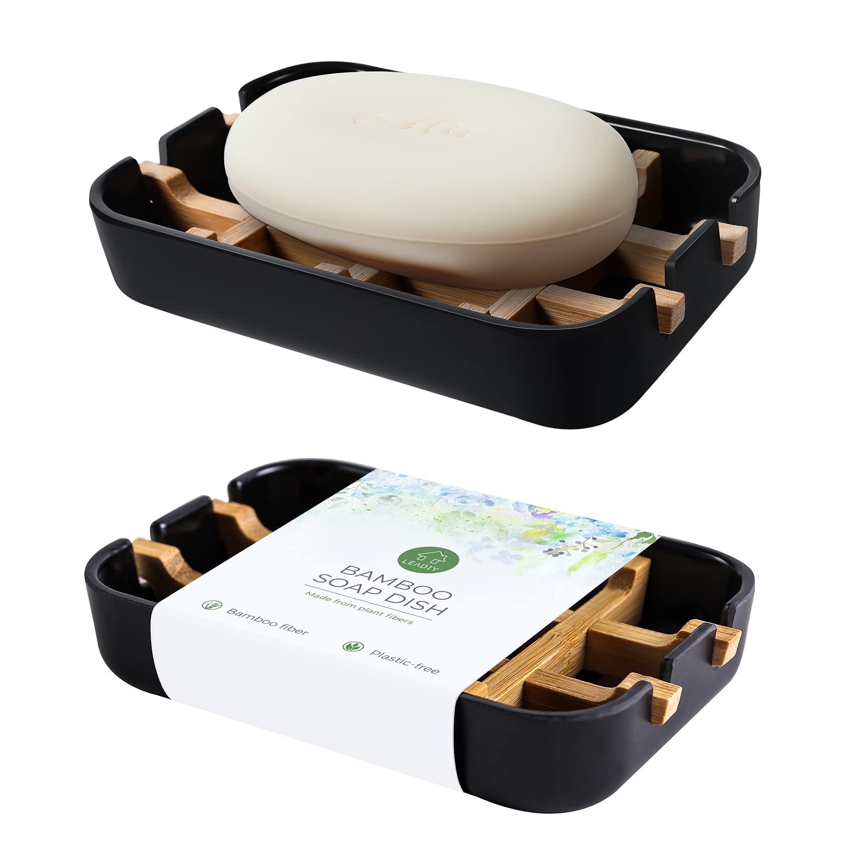 2 Pack Black Bamboo Soap Dish Holder for Bathroom Sink & Shower - Natural Wood Soap Tray for Bar Soap - Perfect for Spa, Guest Bathroom & Kitchen Use