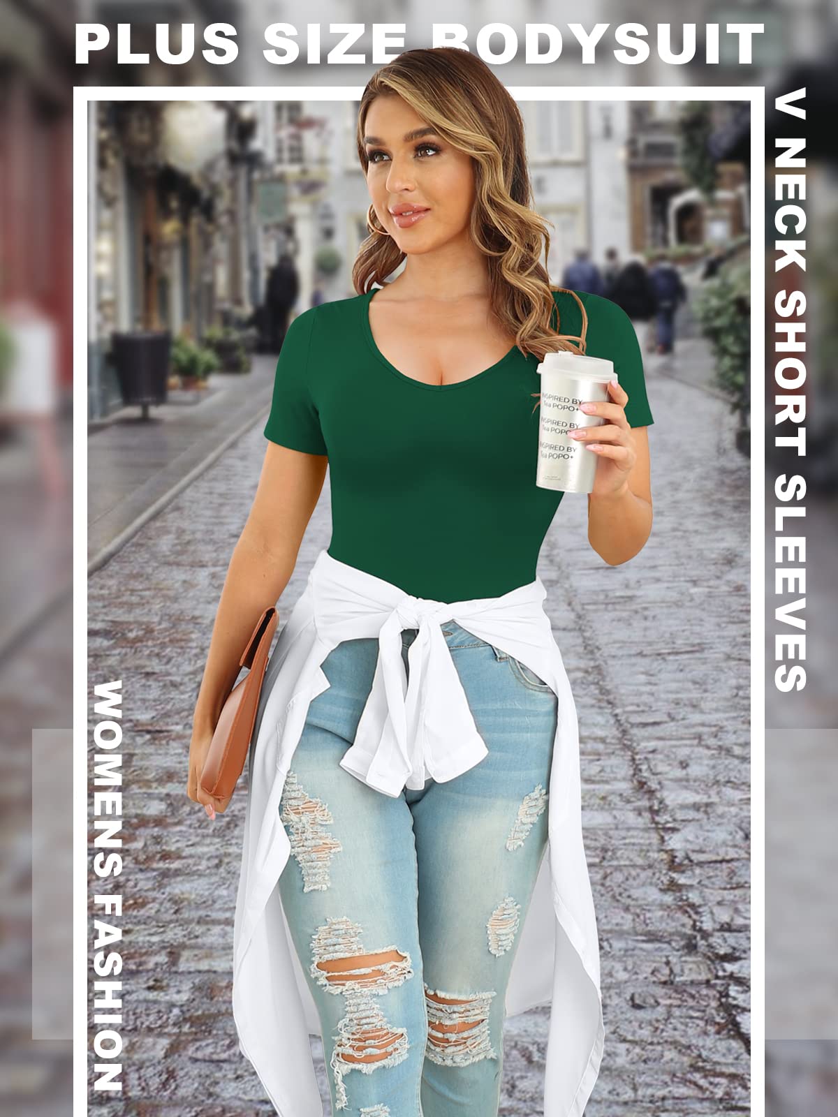 **Poseshe Women's Plus Size V-Neck Short Sleeve Bodysuit – Casual Basic T-Shirt Top & Jumpsuit – Perfect for Everyday Wear, Layering & Office Outfits**