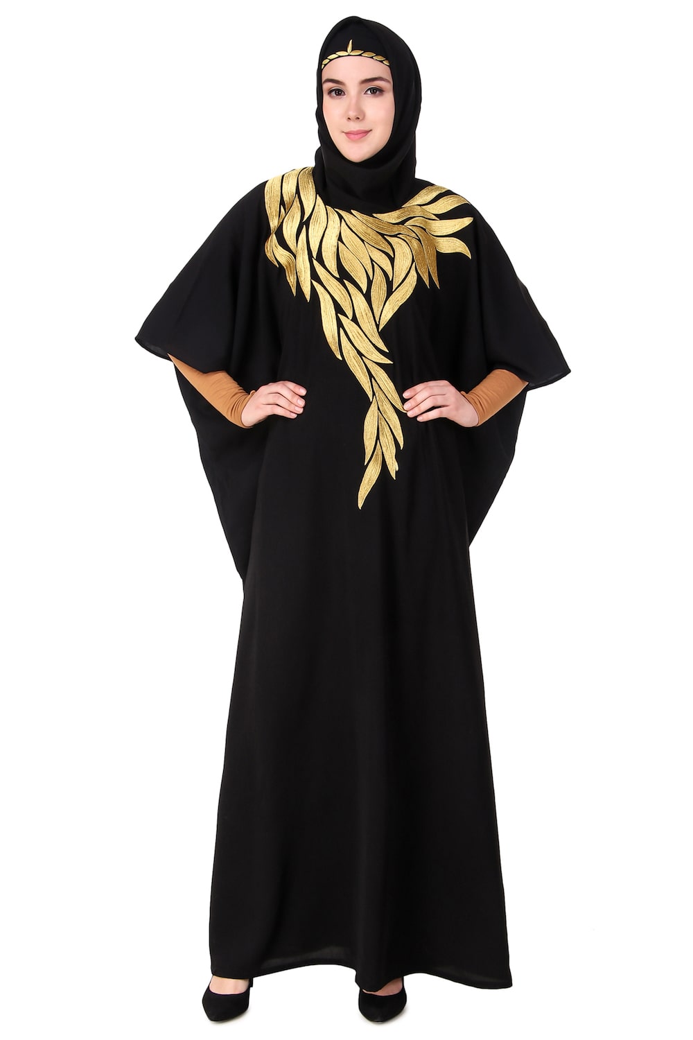Handmade Gold Embroidered Multi-Leaf Design Kaftan Dress - Elegant Boho Chic Loungewear for Women, Perfect for Beach Cover-ups, Resort Wear & Summer Evenings