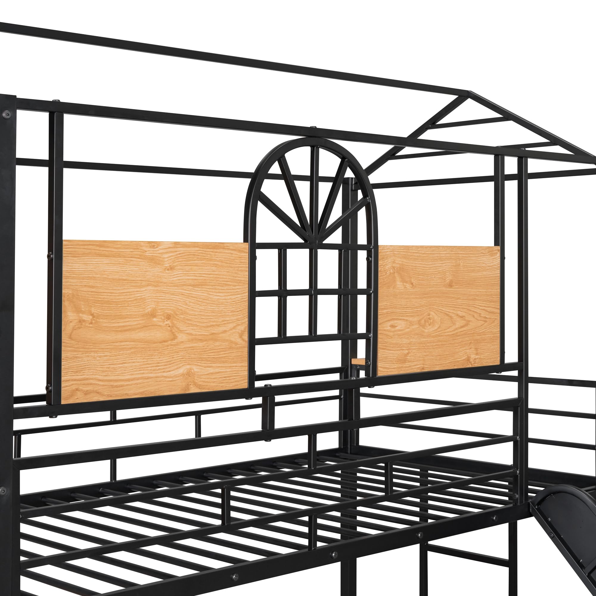 **Kids Metal Bunk Bed with Slide & Storage Stairs - Twin Over Twin House Bed with Full-Length Guardrails & Ladder - No Box Spring Needed (Black) - Perfect for Kids' Bedrooms, Playrooms & Sleepovers**