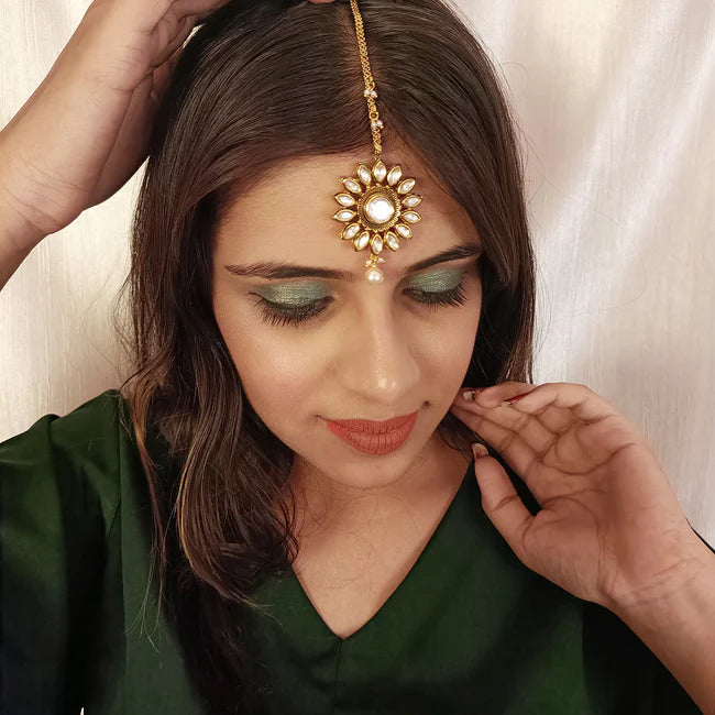 Royal Kundan Maang Tikka Gold Plated Hair Jewelry - Indian Bridal Headpiece for Weddings & Festivals (Design D38)