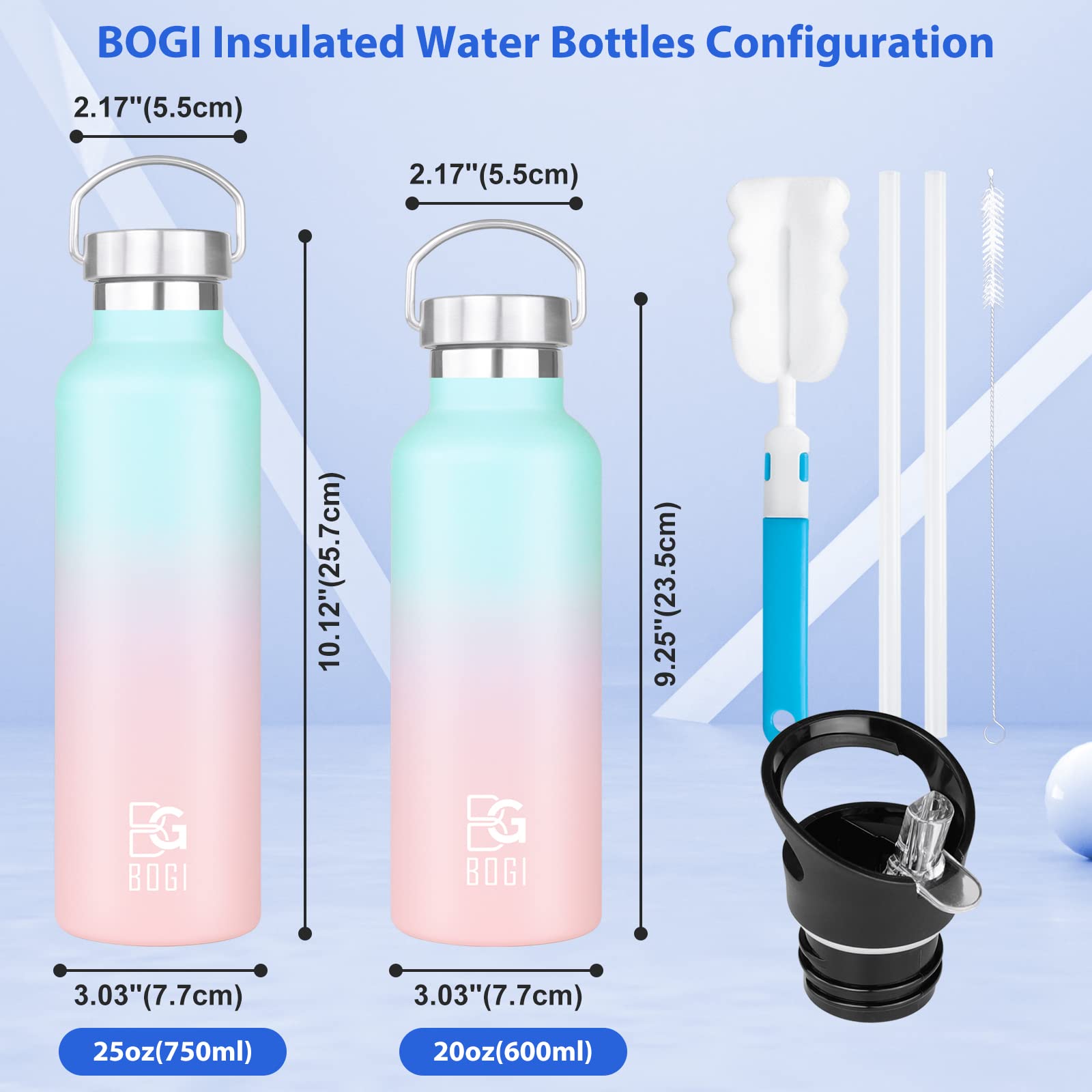 BOGI 24oz Insulated Stainless Steel Water Bottle - 2 Pack Wide Mouth Leakproof Metal Bottles with Straw & Handle, BPA Free for School, Gym, Hiking, Camping & Outdoor Activities - Keeps Drinks Cold for 24 Hours & Hot for 12 Hours