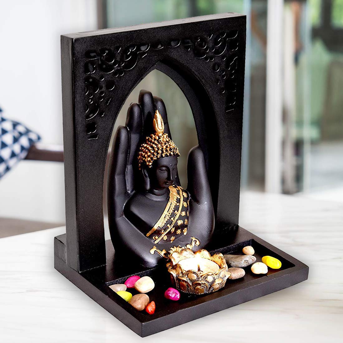 MARINER'S CREATION Hand-Carved Buddha Statue with Wooden Royal Tray | Spiritual Home Decor for Living Room & Meditation Space | Perfect Housewarming Gift for New Home & Office Blessing