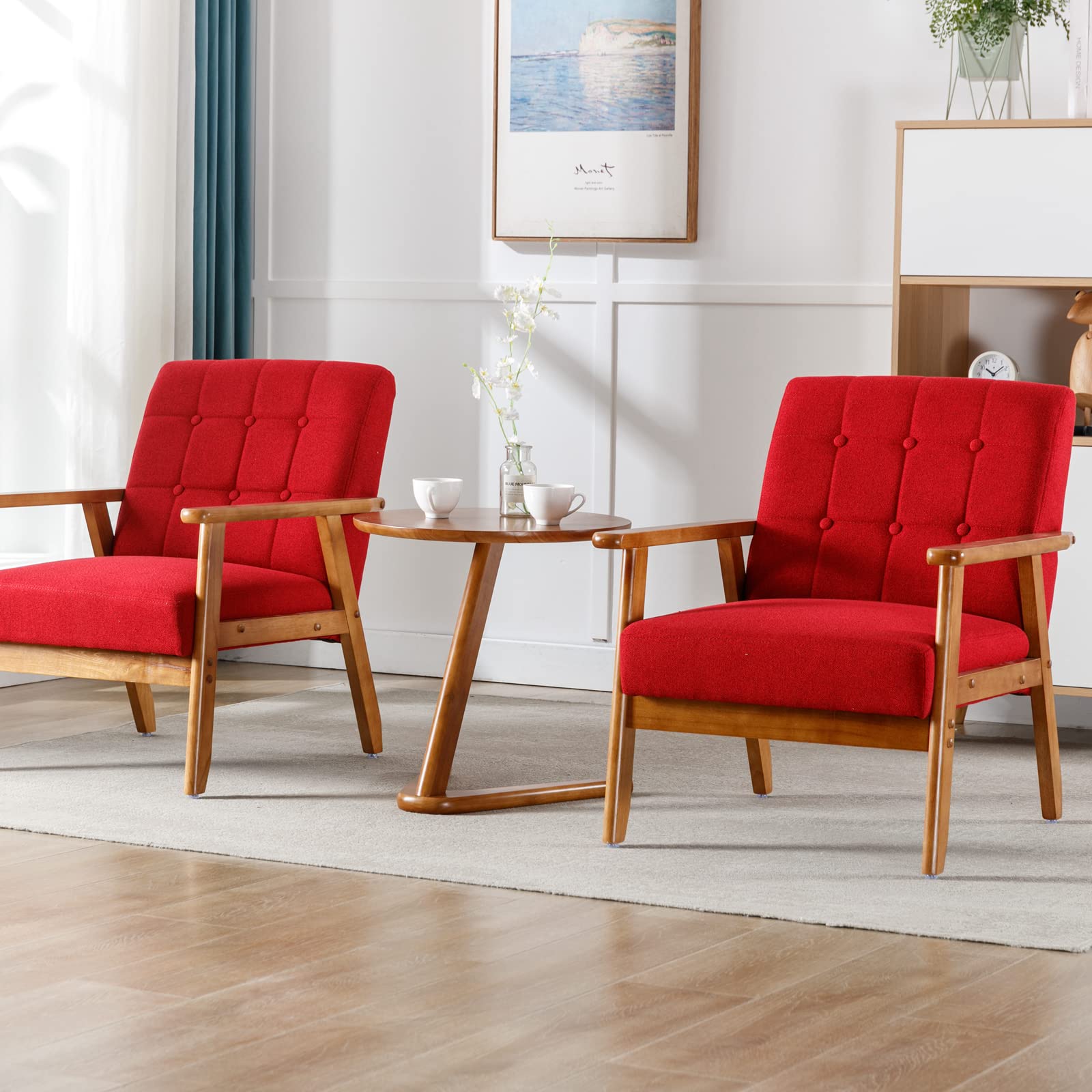LuxyHome Mid Century Modern Accent Chair Set of 2 with Side Table - Linen Fabric Club Chairs with Arms for Living Room, Bedroom, Office & Waiting Room - Red Velvet Upholstery | Perfect for Home Decor, Lounge Seating & Guest Accommodation