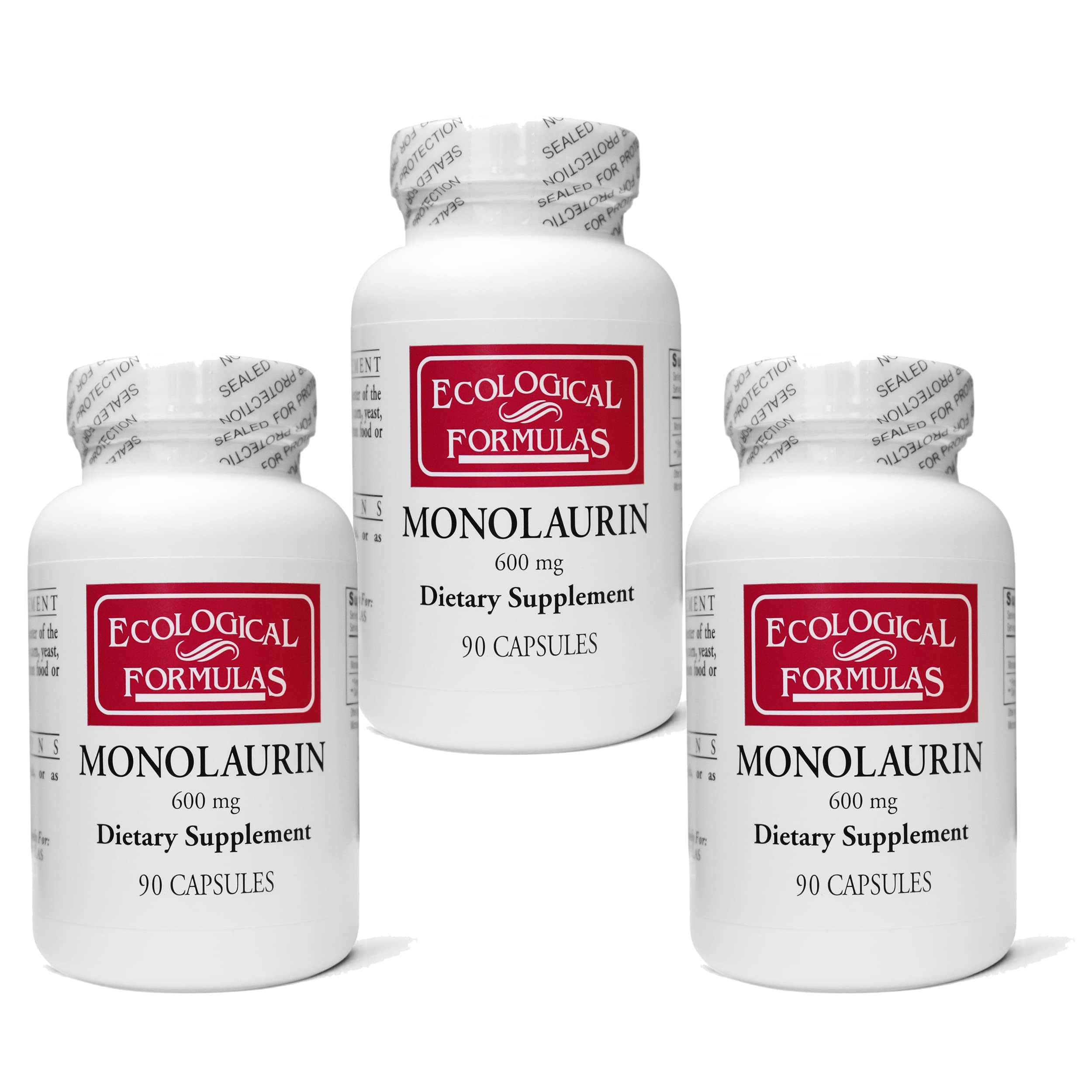 Ecological Formulas 600mg Monolaurin Supplement - 3 Sealed Bottles (270 Count) for Immune Support & Digestive Health | Daily Wellness, Cold Season Protection, Candida Management