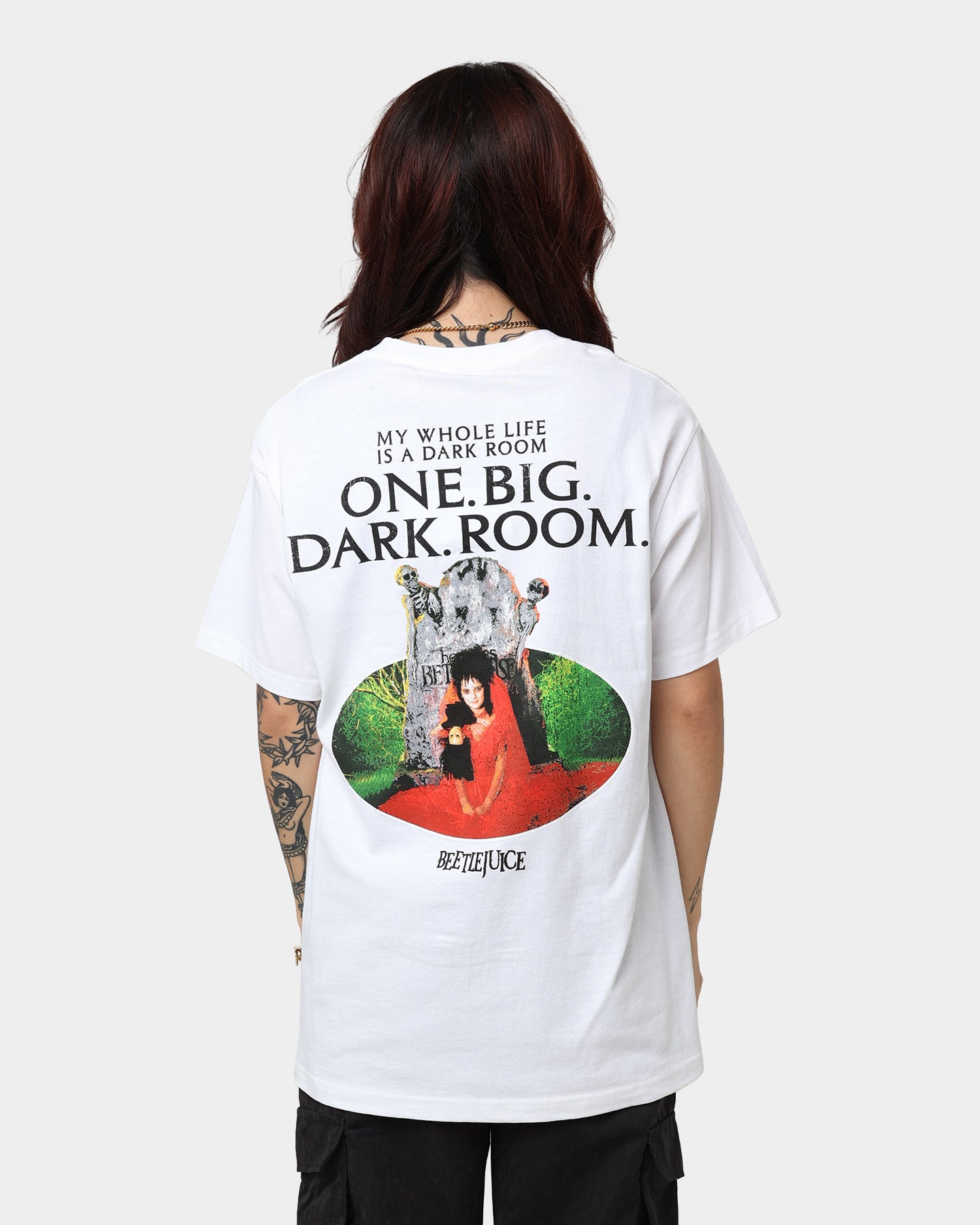 American Thrift X Beetlejuice Lydia Graphic T-Shirt - White Cotton Tee for Movie Fans & Halloween Costumes