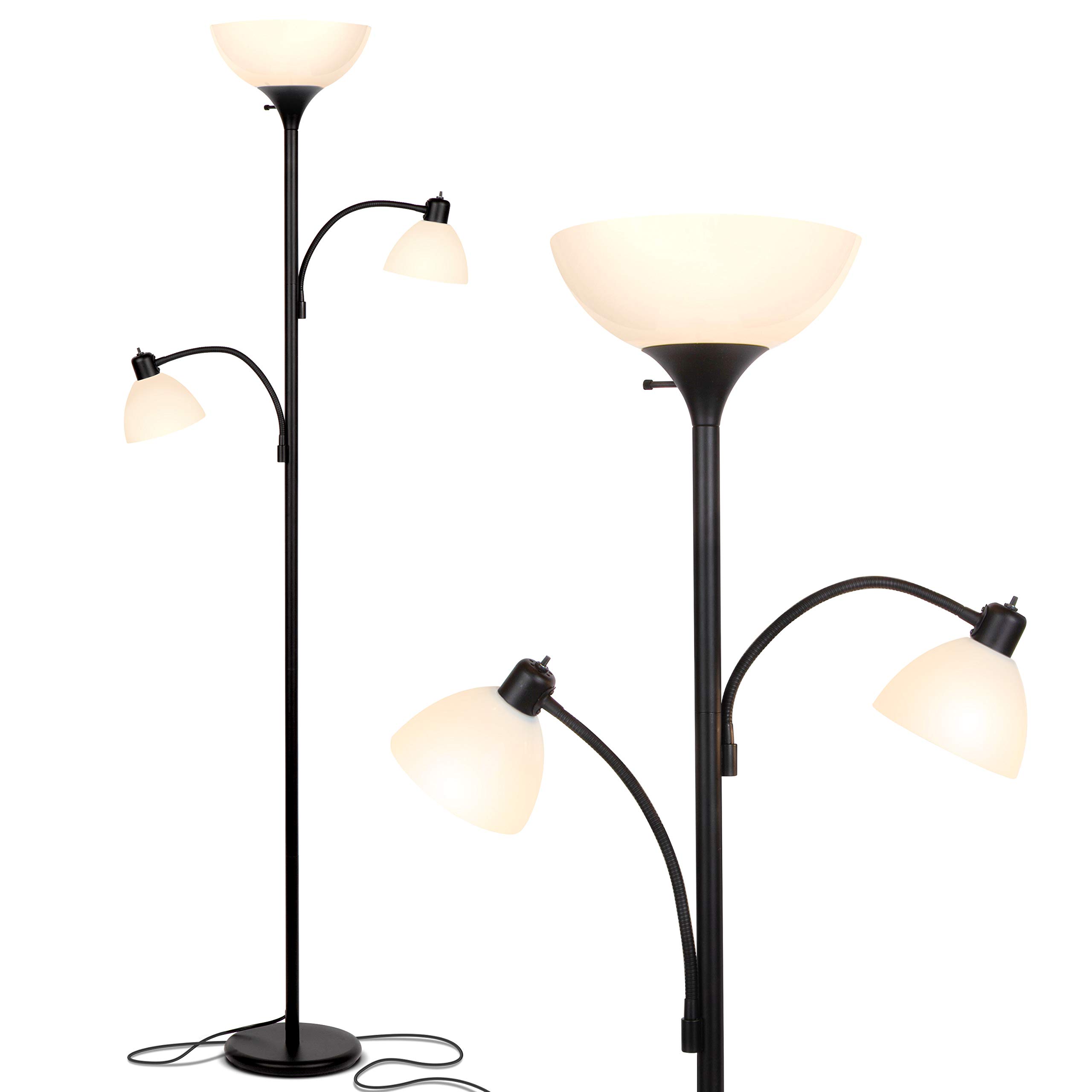 Brightech Sky Dome Double LED Floor Lamp - Super Bright Torchiere with 2 Adjustable Reading Lights, Dimmable Tall Standing Lamp for Living Room, Office & Bedroom - Black Modern Floor Light for Reading, Working & Relaxing