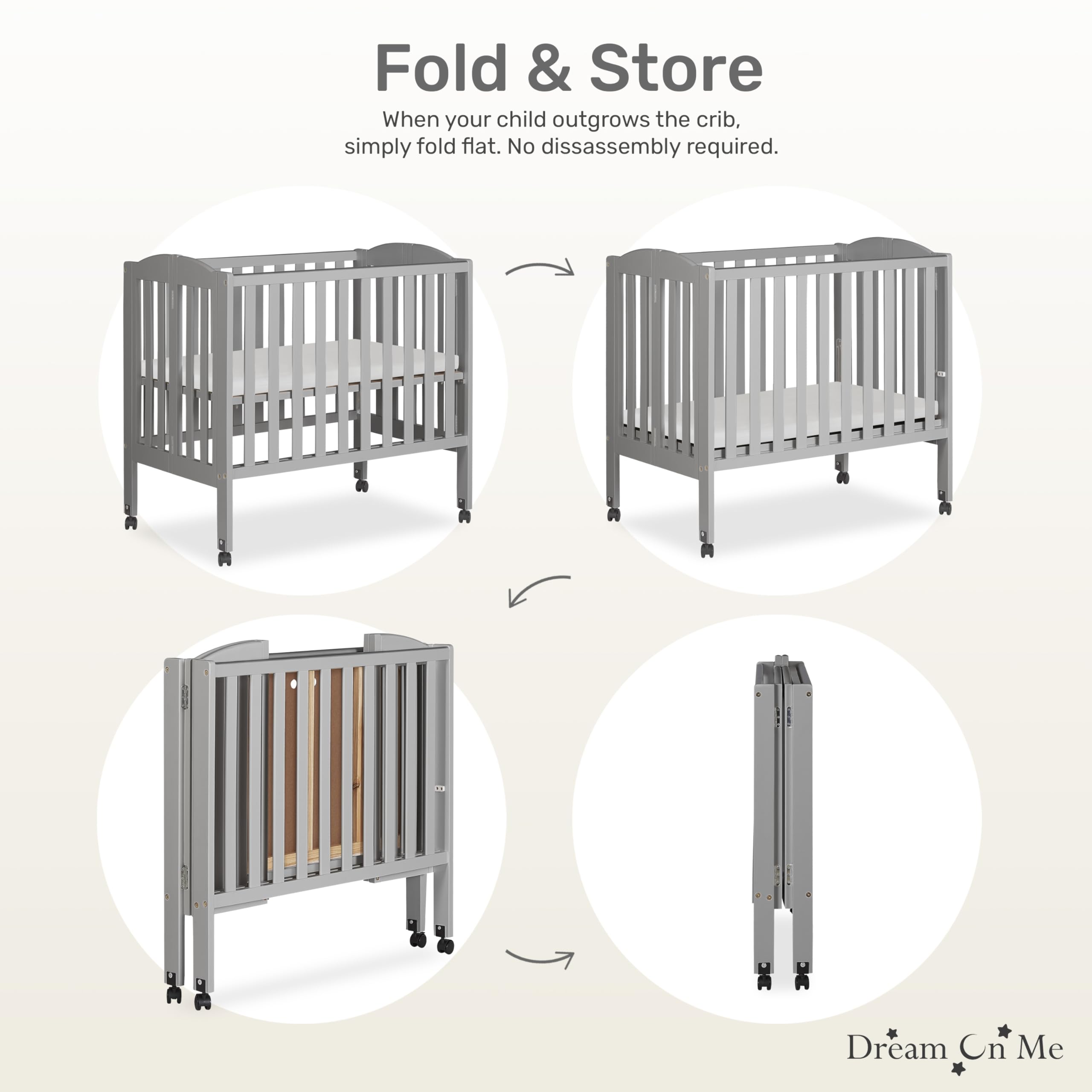 Dream On Me 2-in-1 Folding Portable Baby Crib - Cool Grey | GREENGUARD Gold Certified | Compact 40