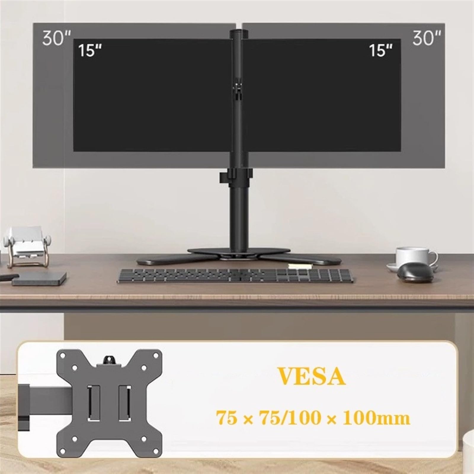 Adjustable Dual Monitor Stand for 2 Screens up to 30 inch - Heavy Duty Steel VESA Mount with Freestanding Base (26.4 lbs Capacity) - Perfect for Home Office, Gaming Setup & Workspace Ergonomics