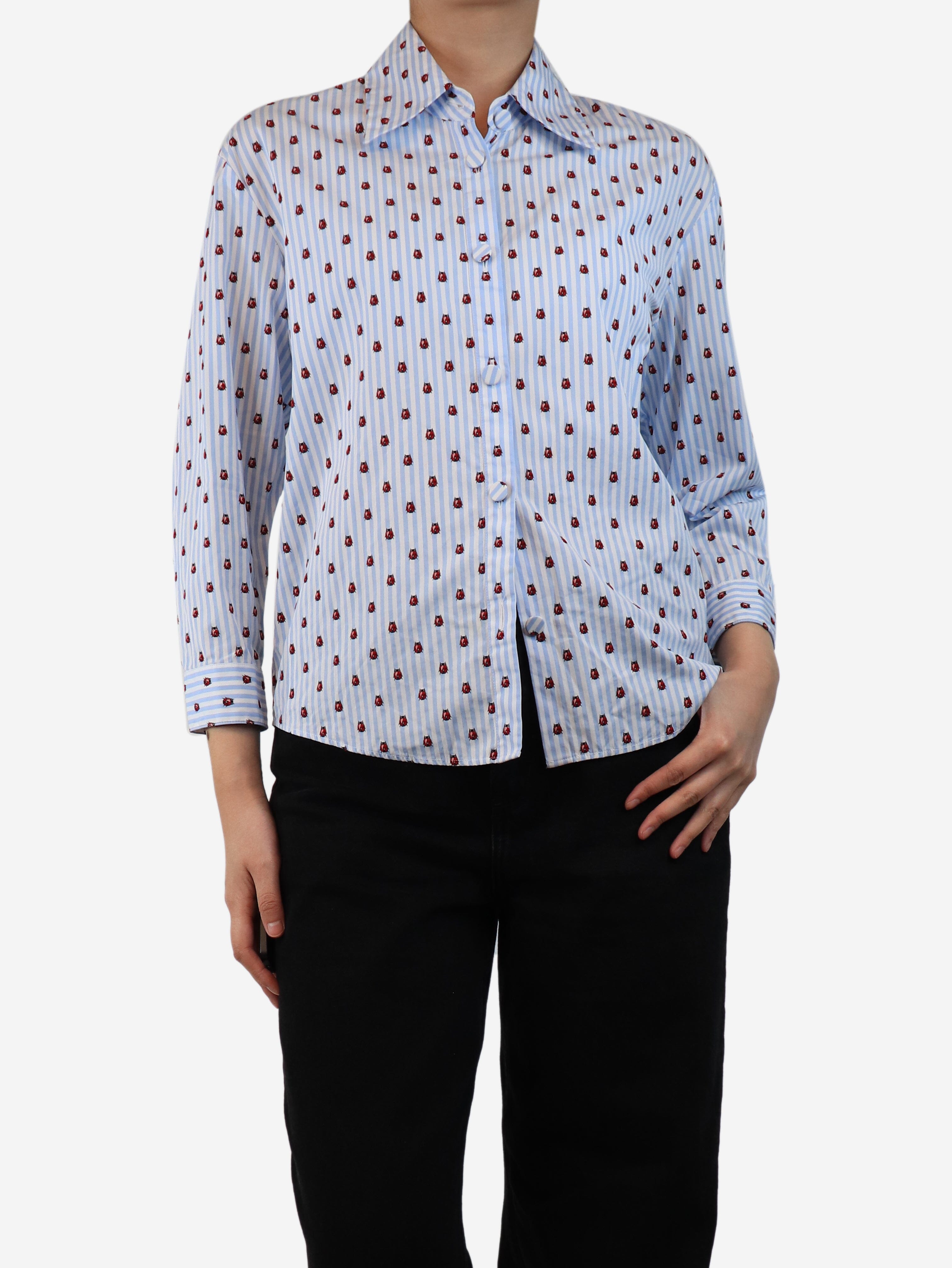 Blue and White Striped Ladybug Shirt - Women's Size UK 8 - Casual Summer Tops for Beach, Picnic & Outdoor Activities