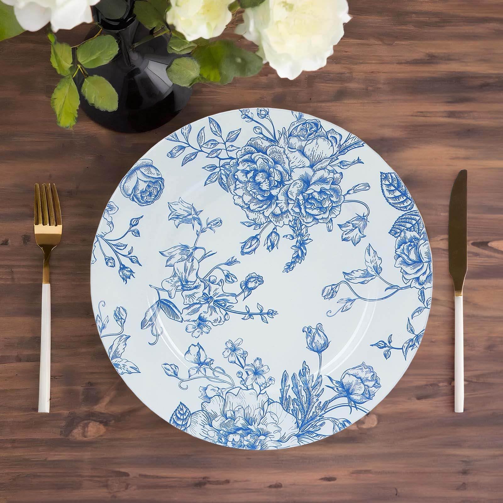 Efavormart 6 Pack White Blue Floral Acrylic Charger Plates - French Toile Pattern Round Dinner Plates for Wedding, Party & Holiday Decor - 13 Inch Elegant Table Setting Chargers