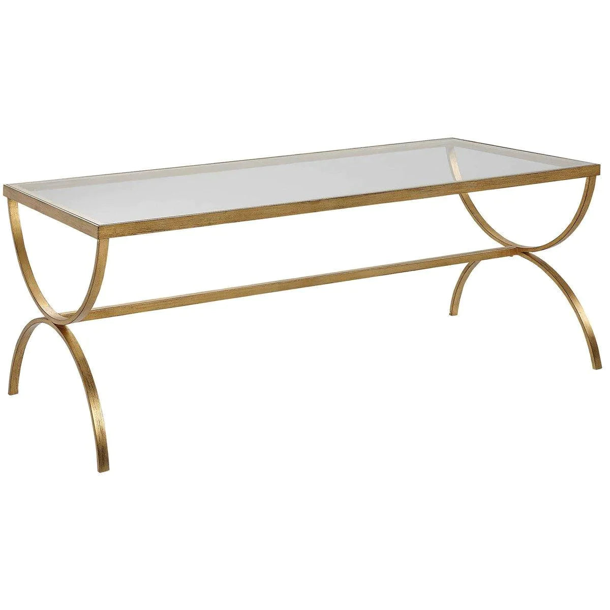 Antiqued Gold Forged Iron Coffee Table with Tempered Glass Top - Rustic Industrial Living Room Furniture for Home Decor & Entertaining