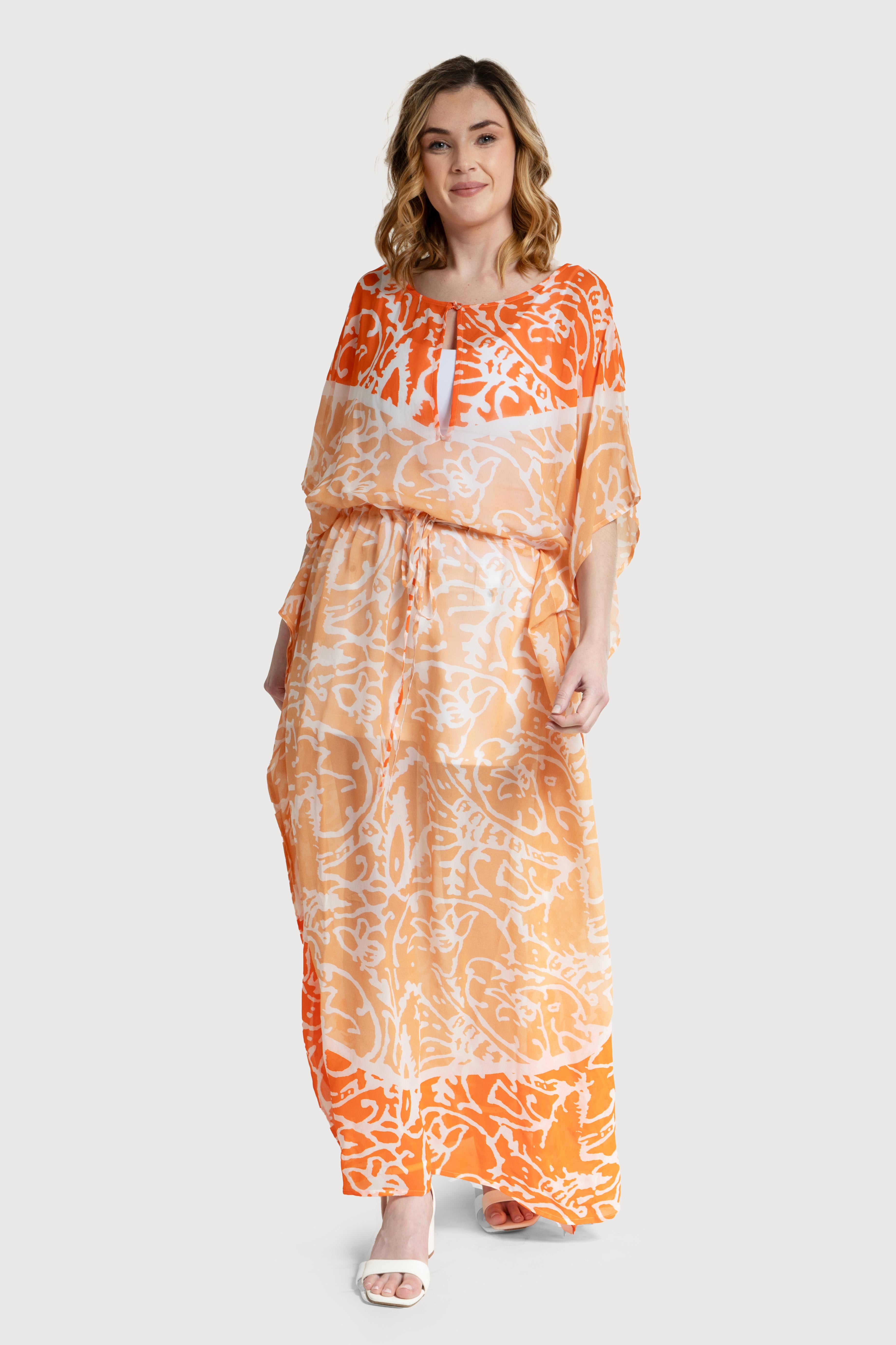 Floral Print Kaftan Dress with Tie Waist - Elegant Monochrome Outfit for Beach Vacation, Summer Party & Boho Chic Style