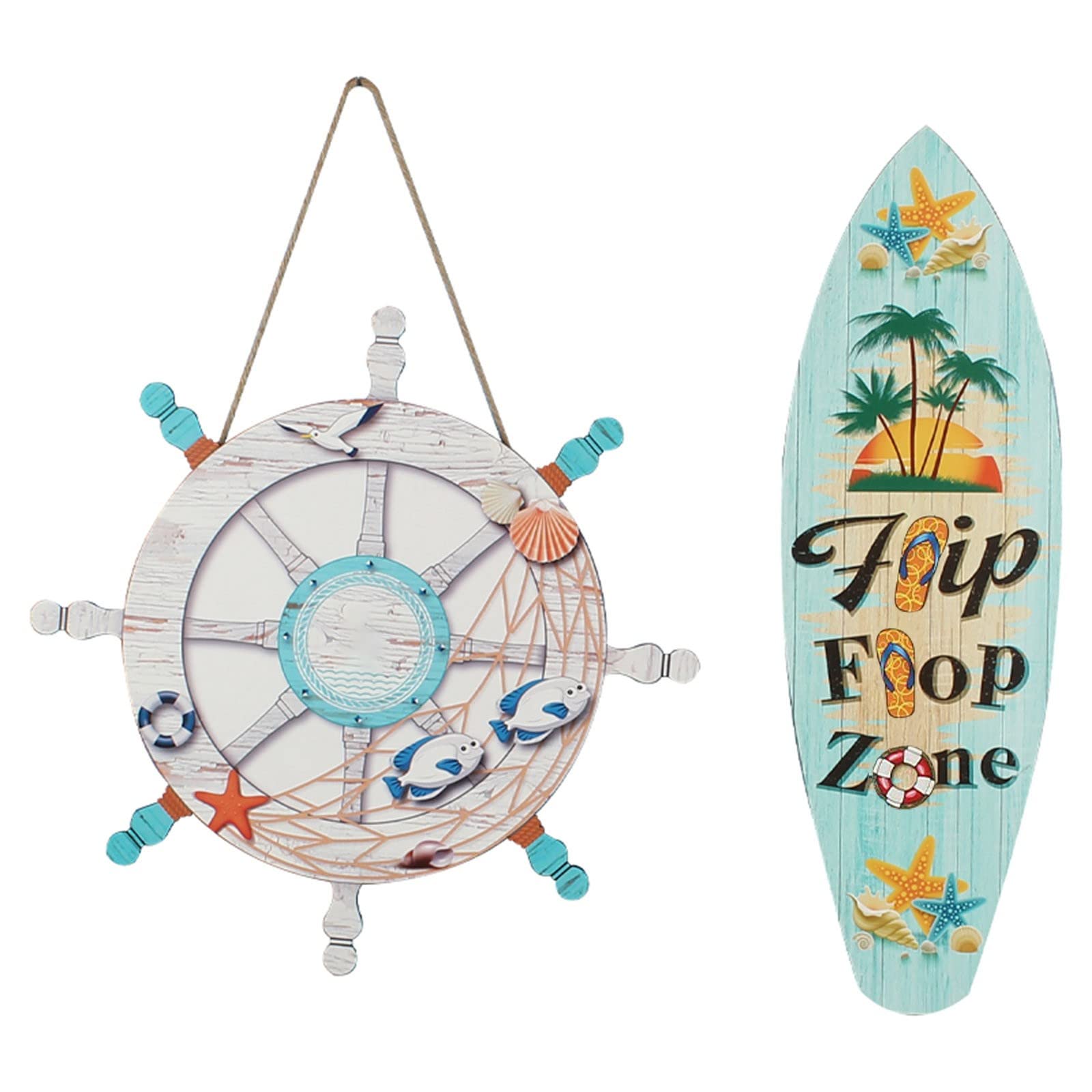 DFDGBD 2-Piece Wooden Surfboard Wall Decor - Creative Solid Wood Marine Steering Wheel Hanging Sign for Restaurant & Home Decoration (Multicolor, One Size) - Perfect for Beach House, Coastal Theme Rooms & Nautical Decor