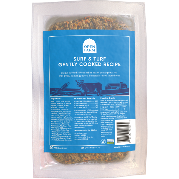 Open Farm Dog Gently Cooked Surf & Turf - Premium Grain-Free Wet Dog Food with Beef & Salmon - Perfect for Picky Eaters & Sensitive Stomachs - Ideal for Mealtime, Training Treats & Senior Dogs