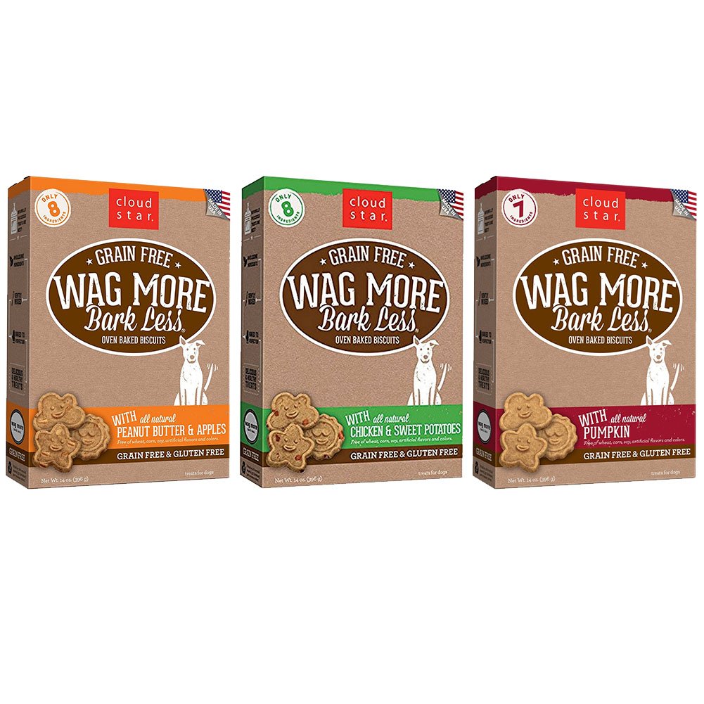 Cloud Star Wag More Bark Less Grain Free Oven Baked Dog Treats - 14oz 3-Pack Bundle (Chicken & Sweet Potato, Peanut Butter & Apple, Pumpkin) | Healthy Natural Dog Biscuits for Training, Rewards & Digestive Health