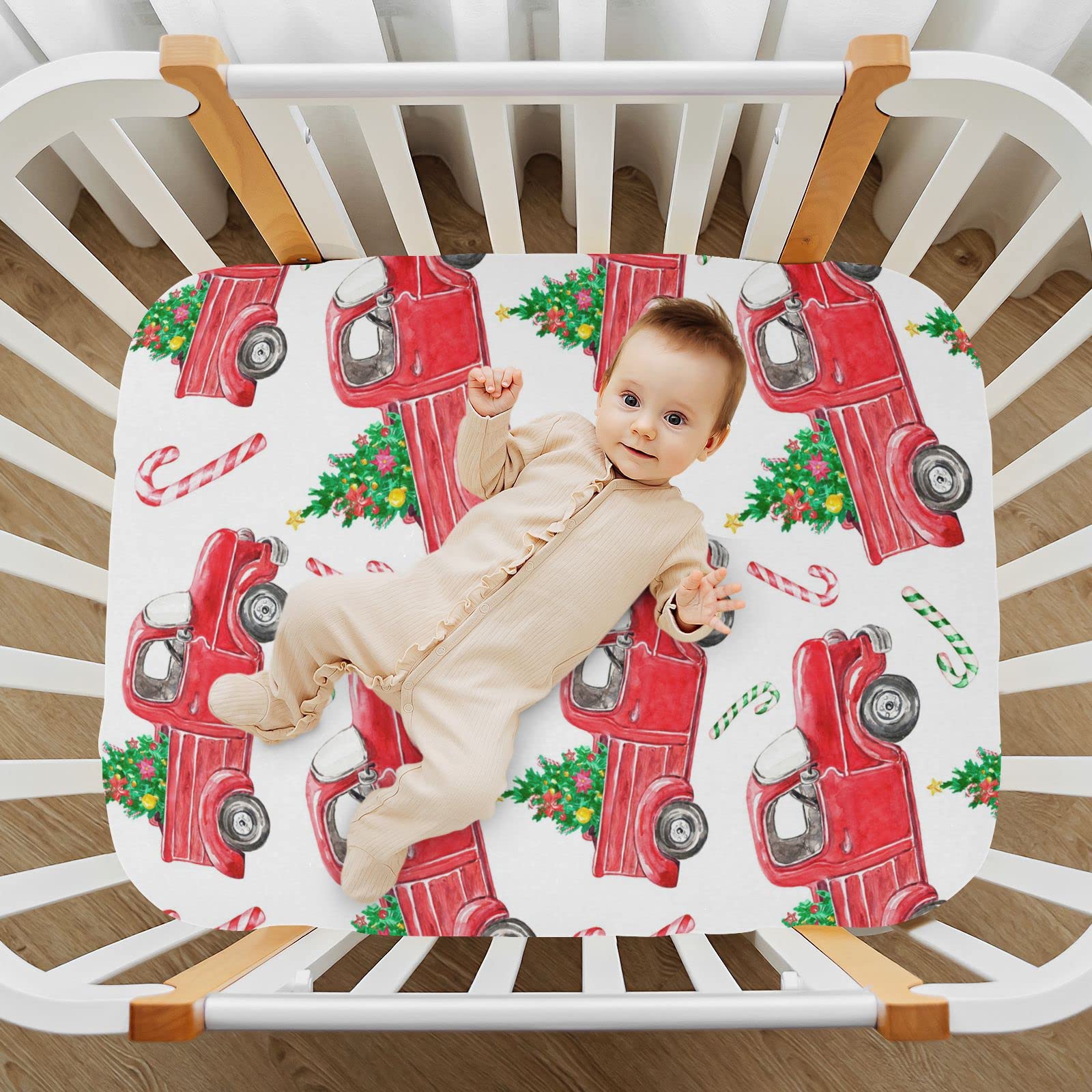 Christmas Red Truck Crib Sheets for Boys & Girls - Super Soft Pack and Play Sheets, Mini Crib Sheets & Fitted Crib Sheet (39x27IN) for Standard Crib & Toddler Mattresses - Perfect for Nursery, Baby Shower Gifts & Holiday Decor