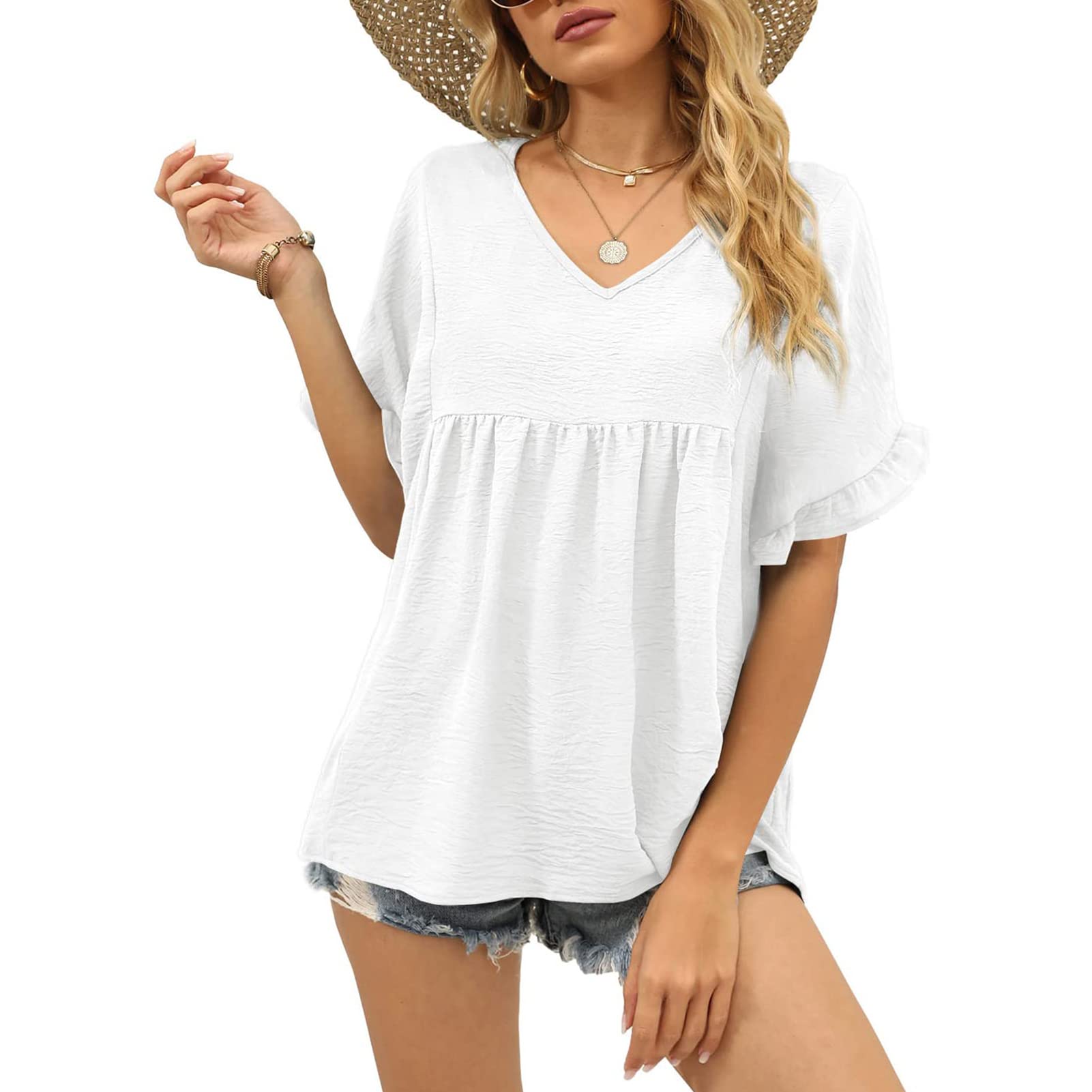 Keenso Women's Casual V-Neck Ruffle Sleeve T-Shirt - Loose Fit Short Sleeve Blouse (Medium, White) | Perfect for Summer Outfits, Office Wear & Weekend Brunch