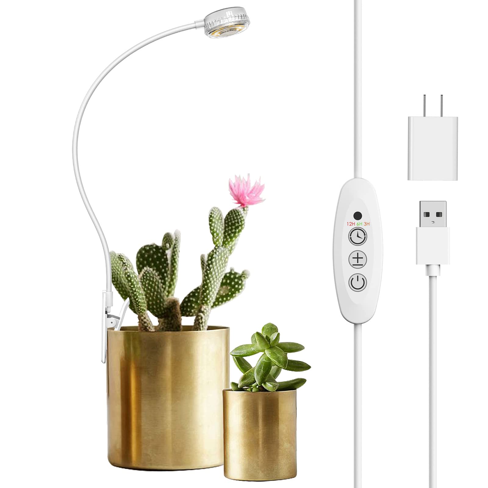 SANSI LED Grow Light for Indoor Plants - Full Spectrum Clip-On Plant Light with 4-Level Dimmable & Auto Timer (3/6/12H) - Perfect for Succulents, Herbs & Small Plants - White 5V USB Powered - Ideal for Home Gardening, Hydroponics & Indoor Plant Growth
