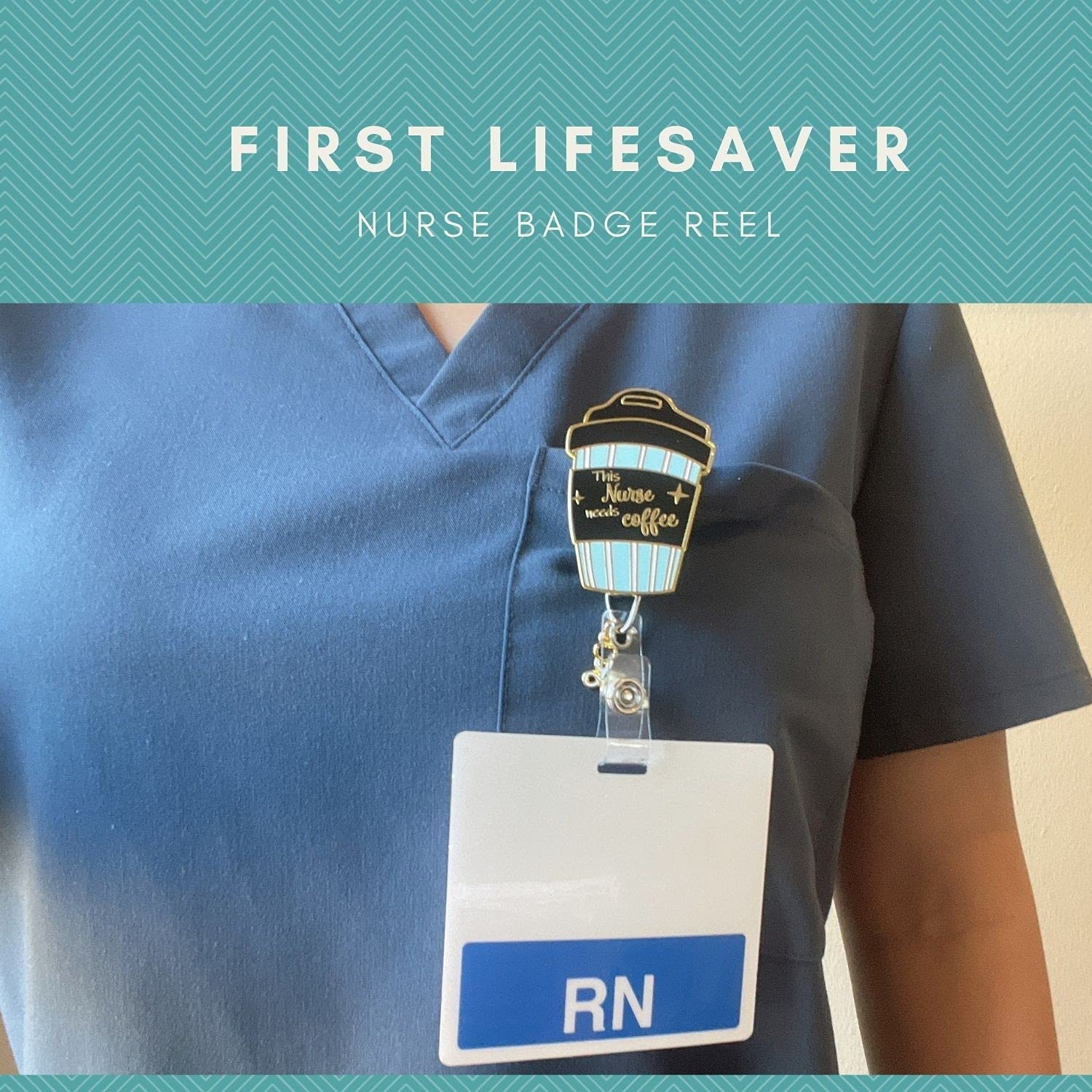 Retractable Nurse Badge Reel with Gold Plated Charm - First Lifesaver ID Holder for Nurses, Nursing Students & NPs (Mint Coffee) | Perfect for Hospitals, Clinics & Healthcare Professionals