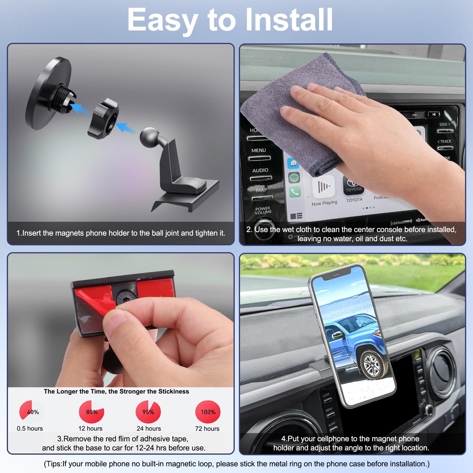 Magnetic Phone Mount for Toyota Tacoma 2016-2023 | 3rd Gen Dashboard Clip with Adjustable 20x Super Strong Magnet | Perfect for Hands-Free Navigation & Driving Safety