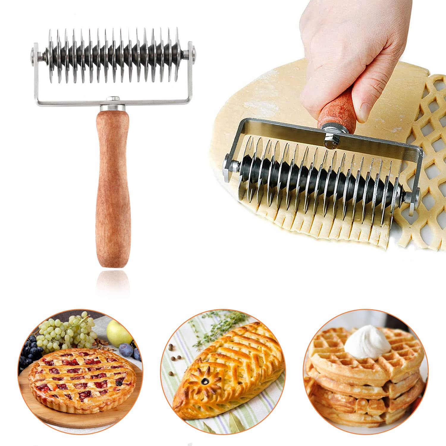Stainless Steel Dough Cutter with Wooden Handle - Lattice Top Roller for Cookie, Pie, Pizza & Bread Crust | Perfect for Baking, Pastry Making & Fishnet Crust Designs | Ideal for Home Bakers & Professional Chefs