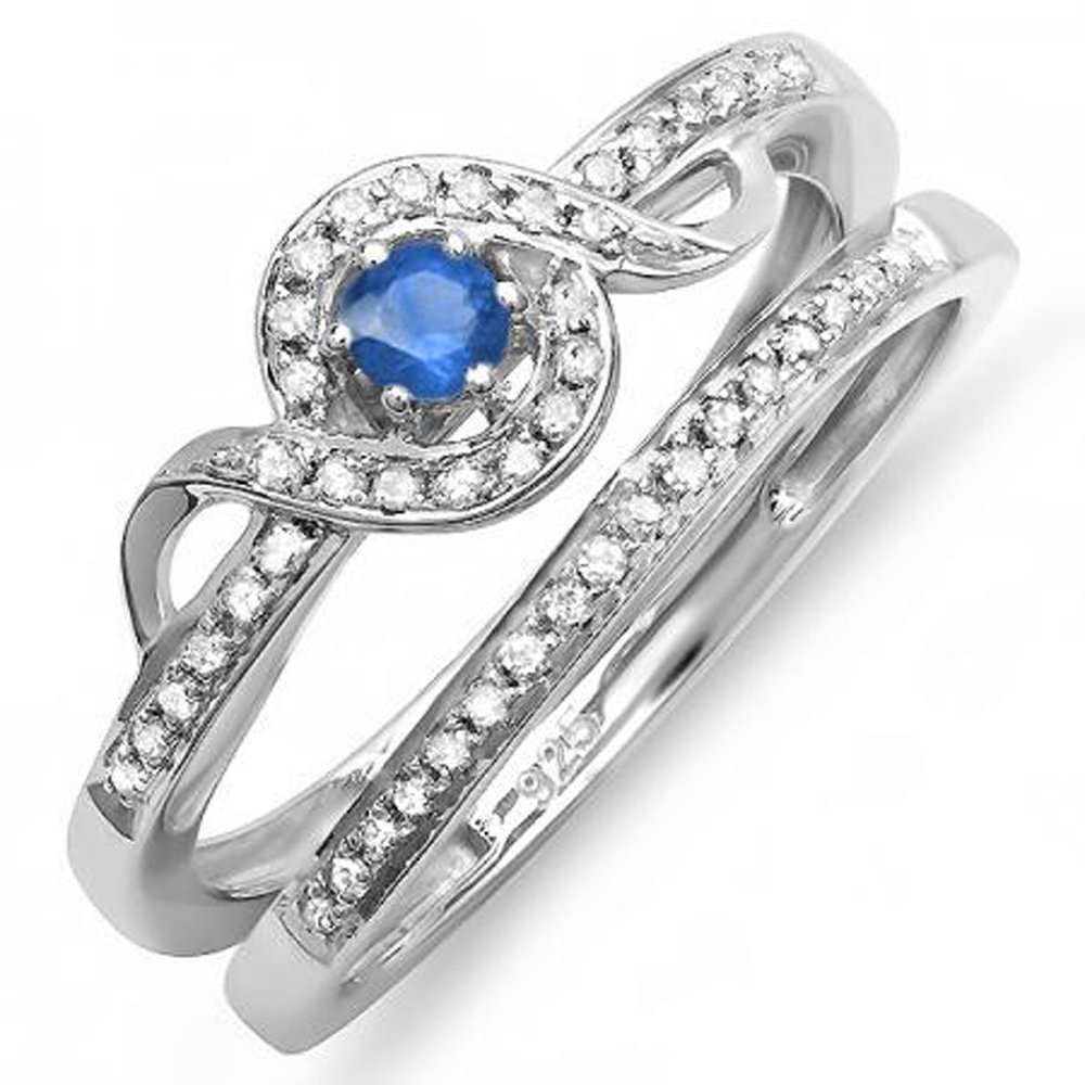 Dazzlingrock Collection Round White Diamond & Blue Sapphire Women's Bridal Promise Ring Set with Matching Band - Sterling Silver Jewelry for Engagement, Wedding, Anniversary & Special Occasions