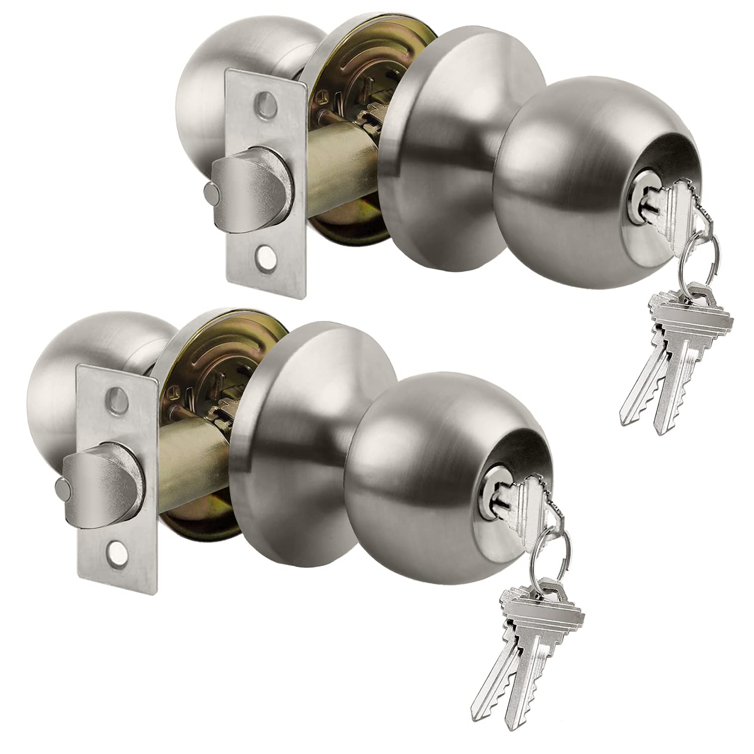 BESTTEN [2 Pack] Keyed Alike Entry Door Knob Set - Exterior & Interior Ball Door Knob with Lock & Key, Adjustable Latch, Satin Nickel Finish - Perfect for Homes, Apartments & Offices