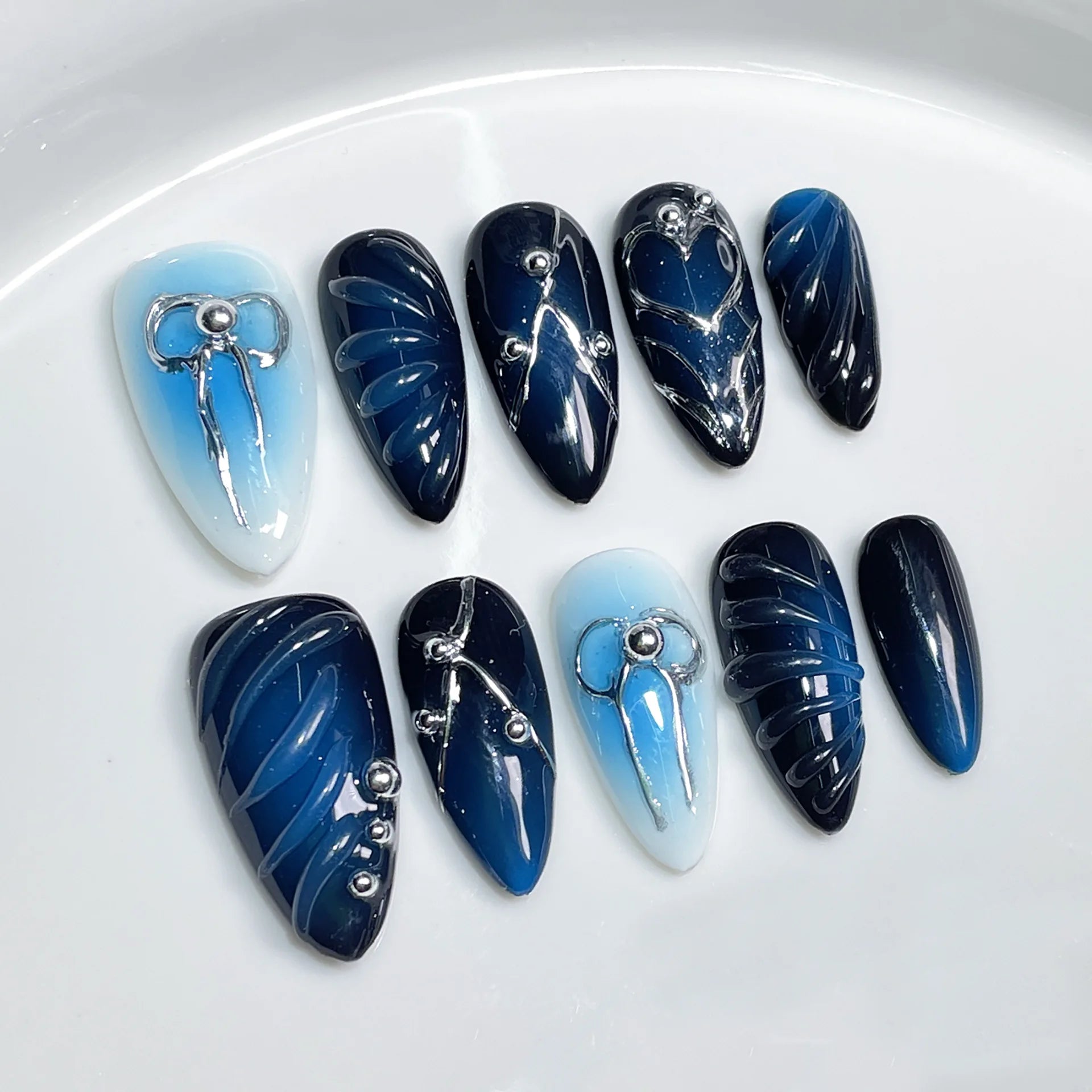 10Pcs Y2K Sweet Cool Almond Handmade Gel Press on Nails - 3D Blue False Nails with Metallic Bow Design & Glue | Acrylic Nail Tips for Parties, Weddings, Prom & Special Occasions